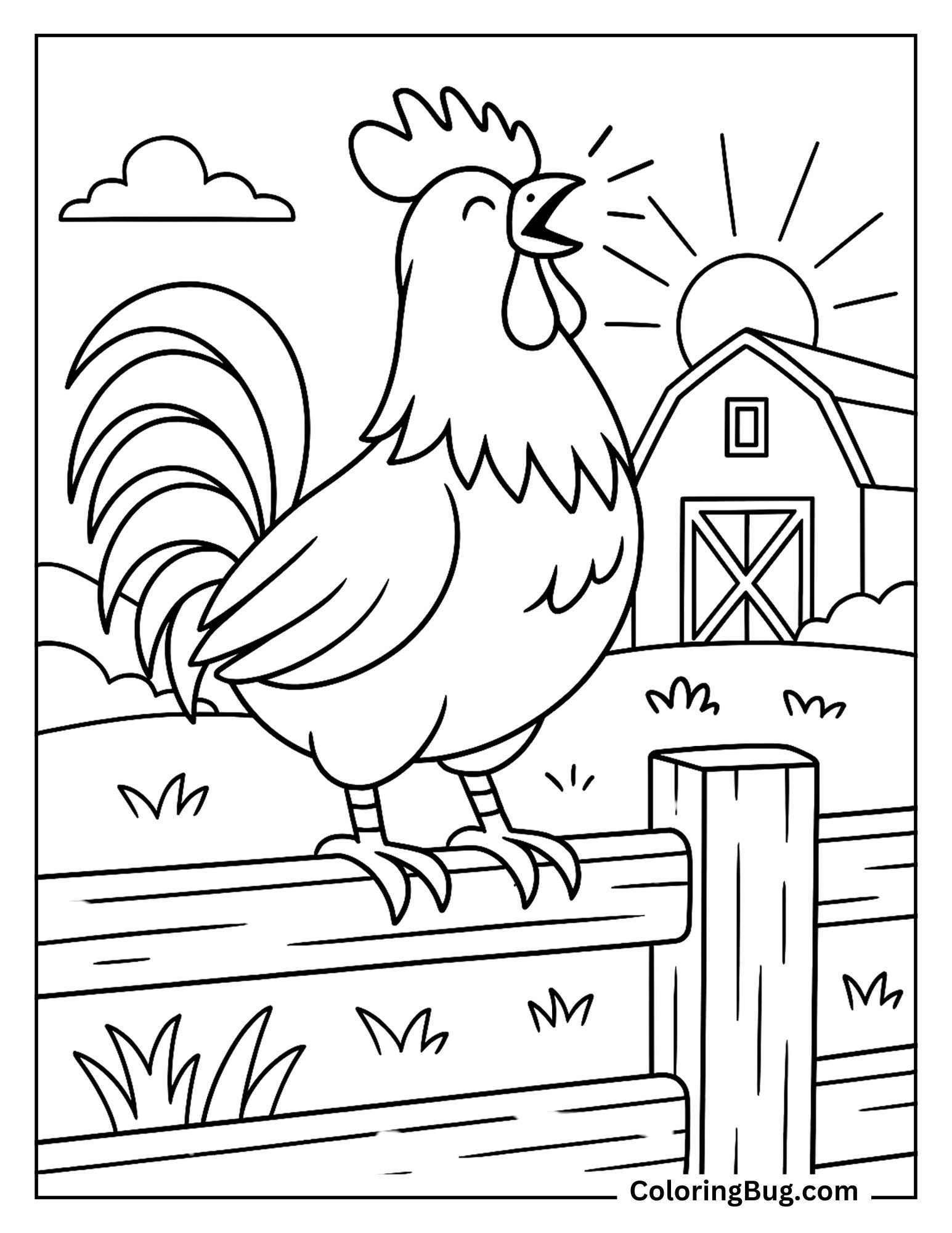 Rooster Sitting on Fence Near Farm Crowing in Morning Coloring Sheet