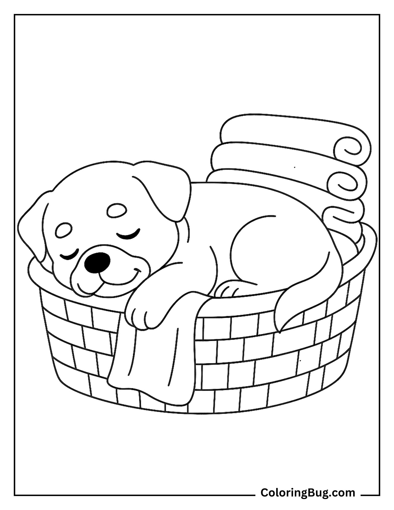 Rottweiler Puppy Sleeping in a Basket of Towels coloring Sheet