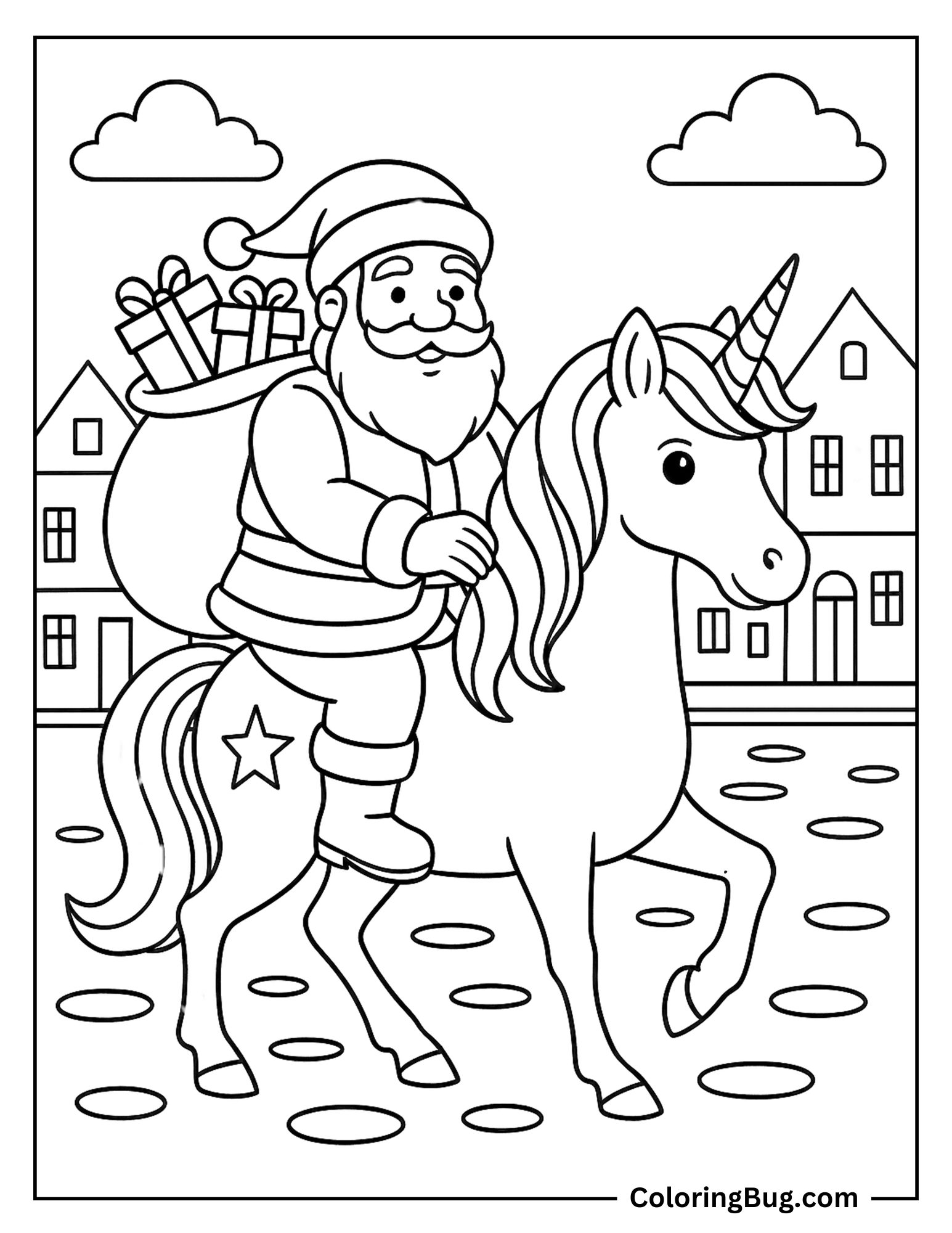 Santa Riding on Unicorn Coloring Sheet
