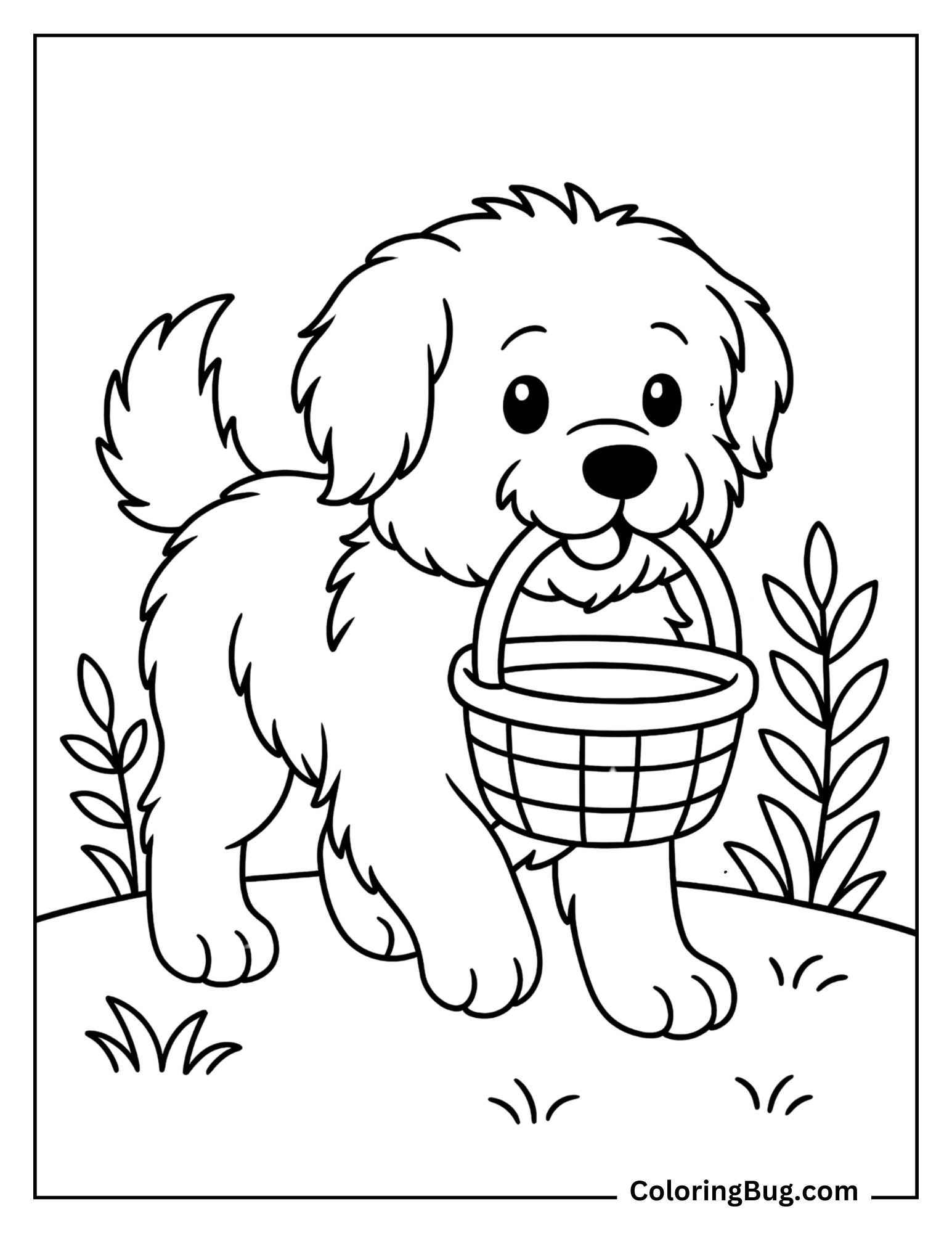 Sheepdog Puppy Helping Carry a Small Basket coloring Sheet