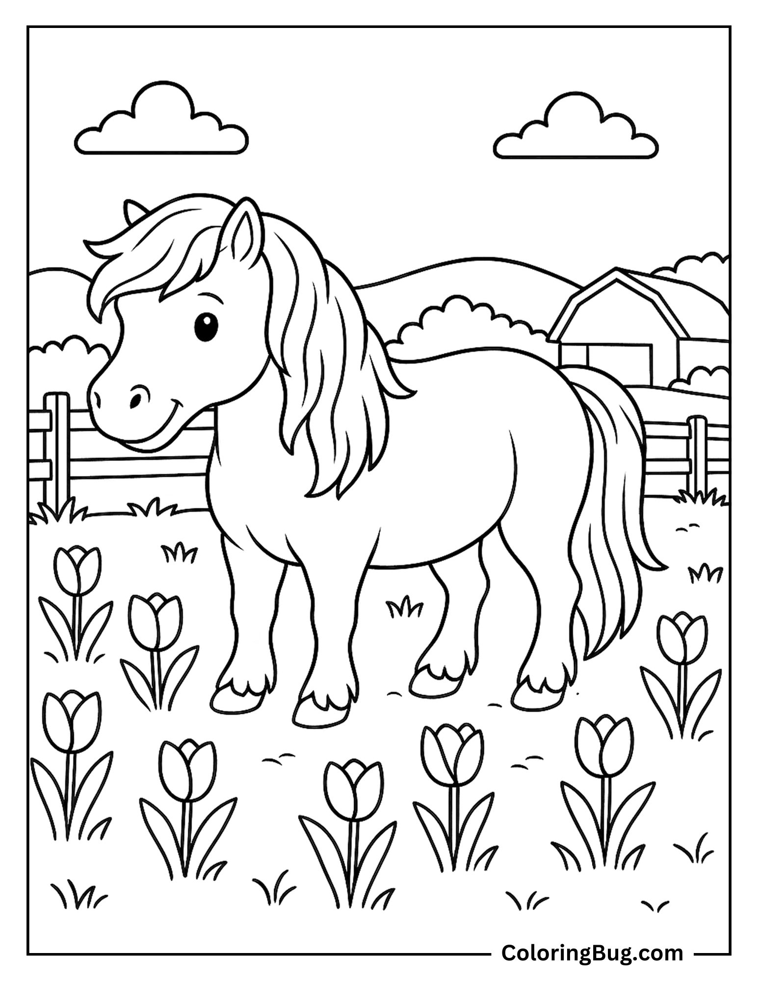 Shetland Pony Standing in a Field of Tulips Near a Fence Coloring Sheet