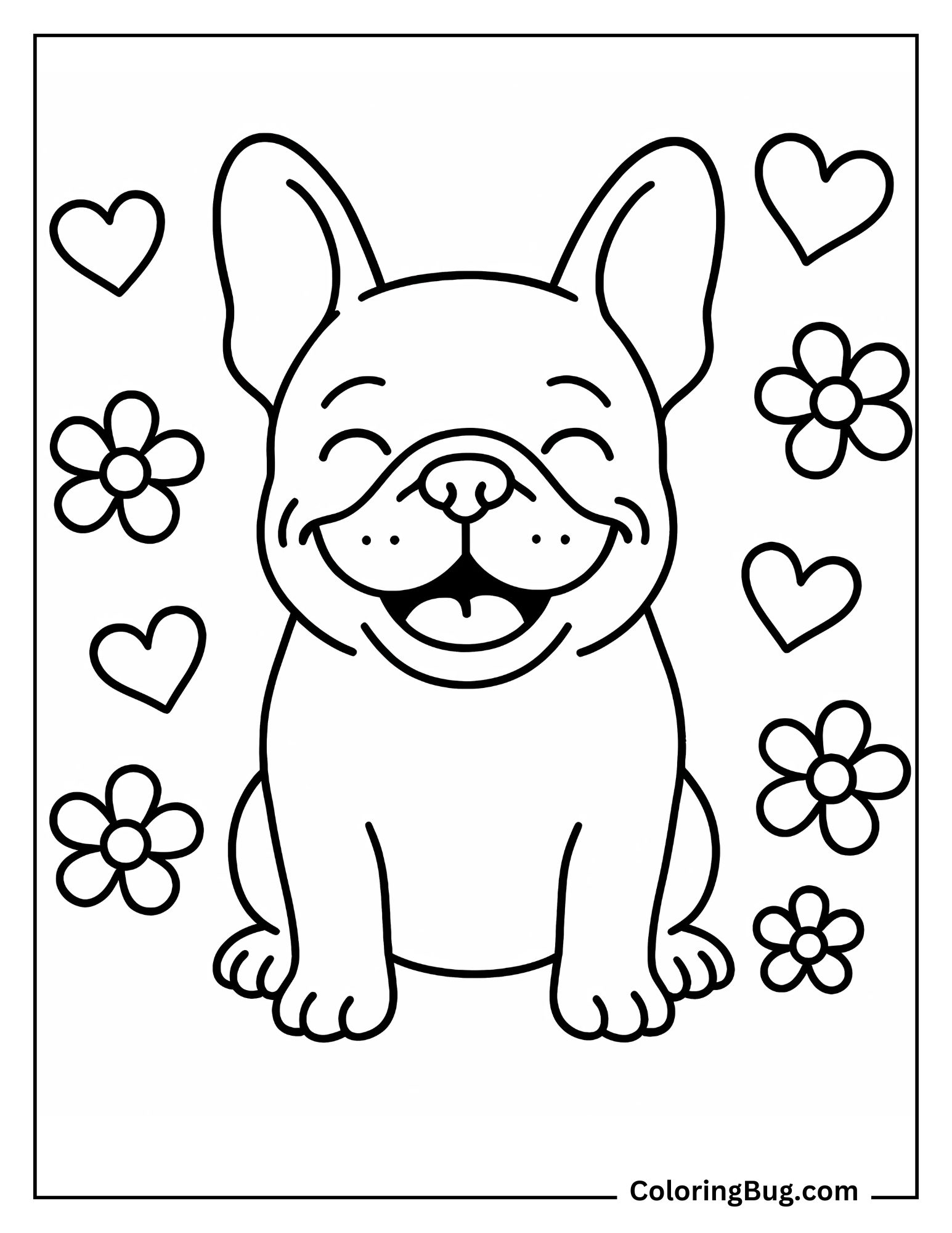 Smiling French Bulldog With Hearts And Flowers Coloring Sheet