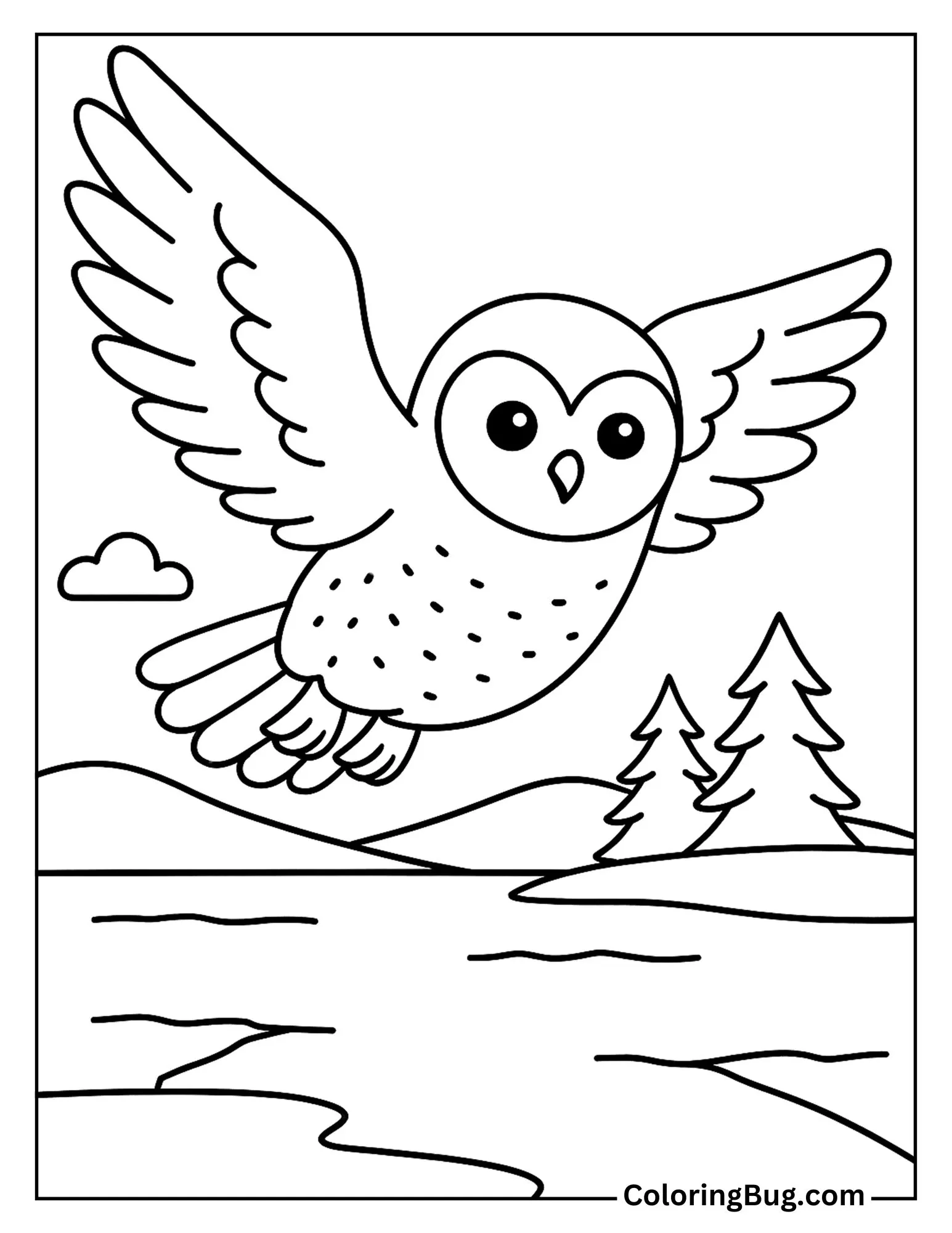 Snowy Owl Soaring Over a Frozen Lake Coloring Sheet