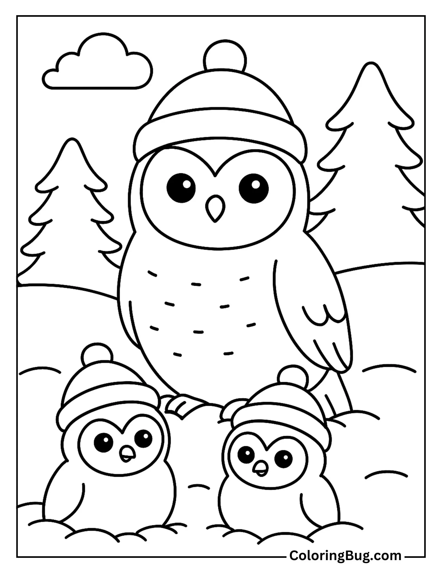 Snowy Owl Standing in the Snow With Baby Owlets Coloring Sheet