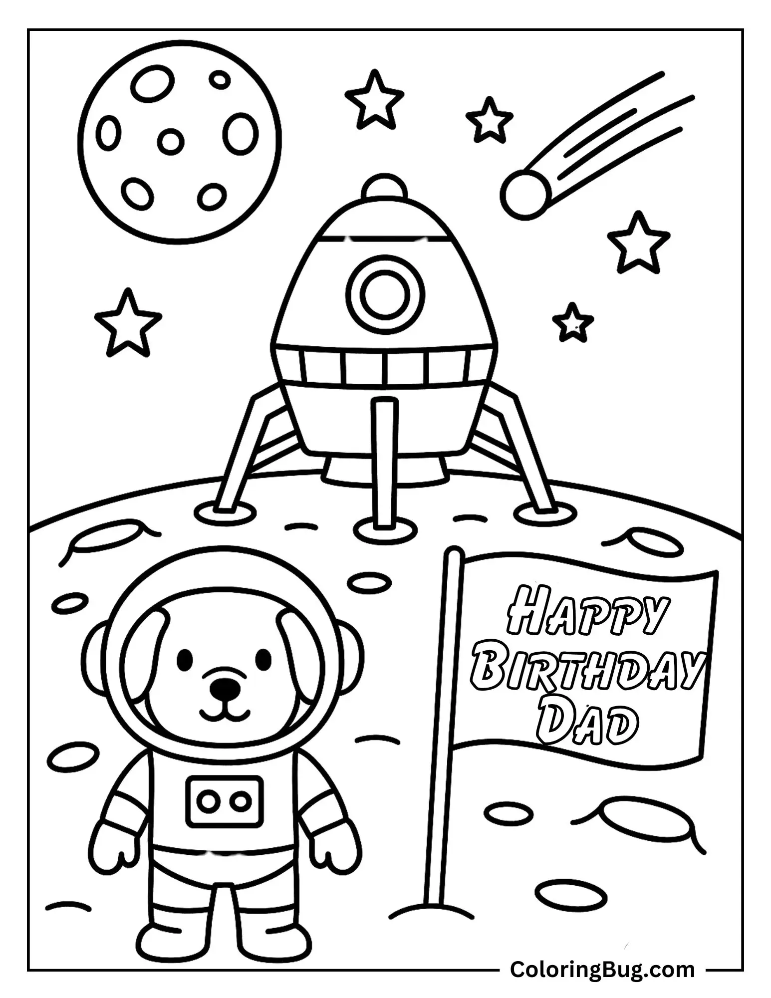 Spaceship Landing on the Moon with a Flag of Happy Birthday Dad Coloring Sheet