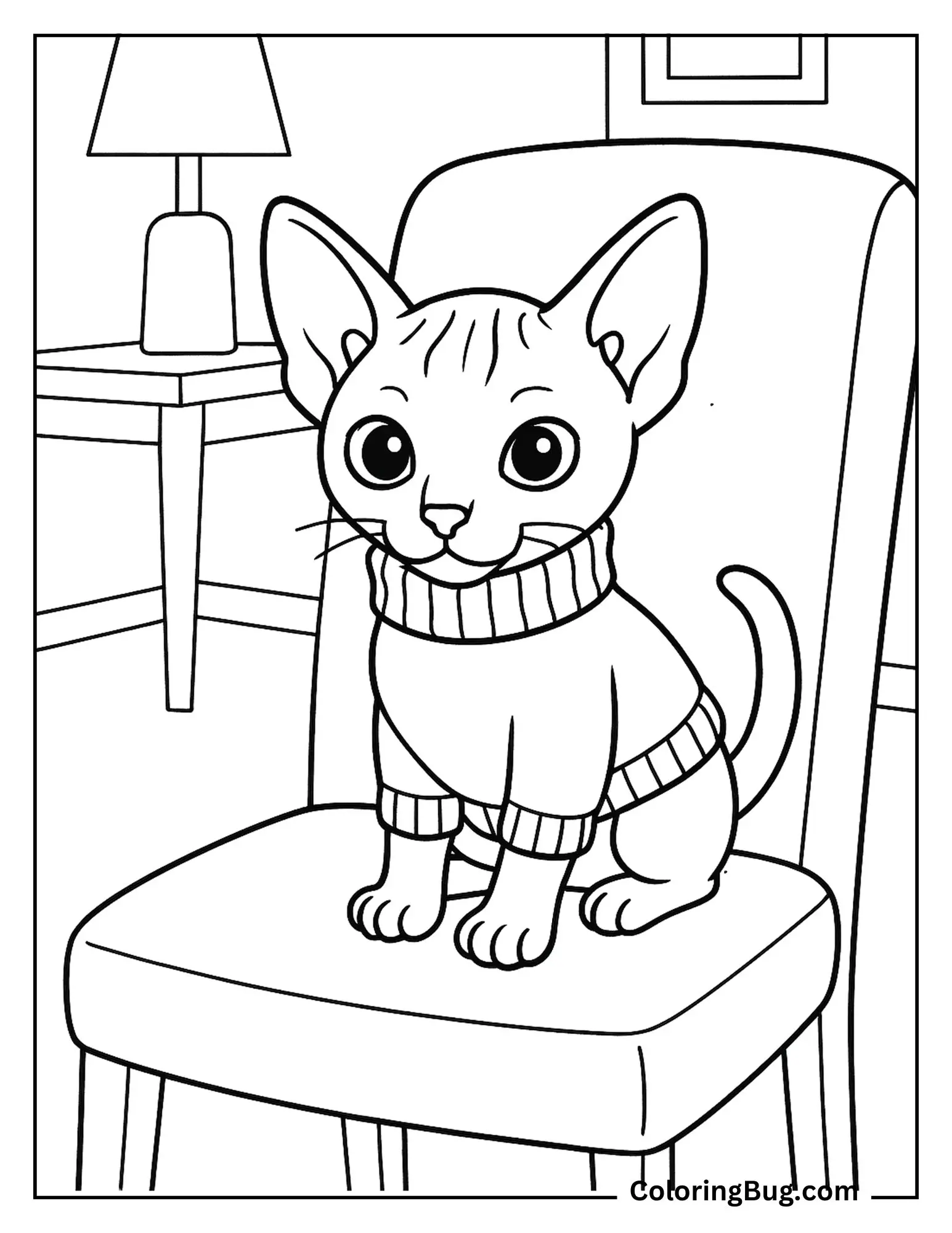 Sphynx Kitten Wearing a Tiny Sweater coloring Sheet