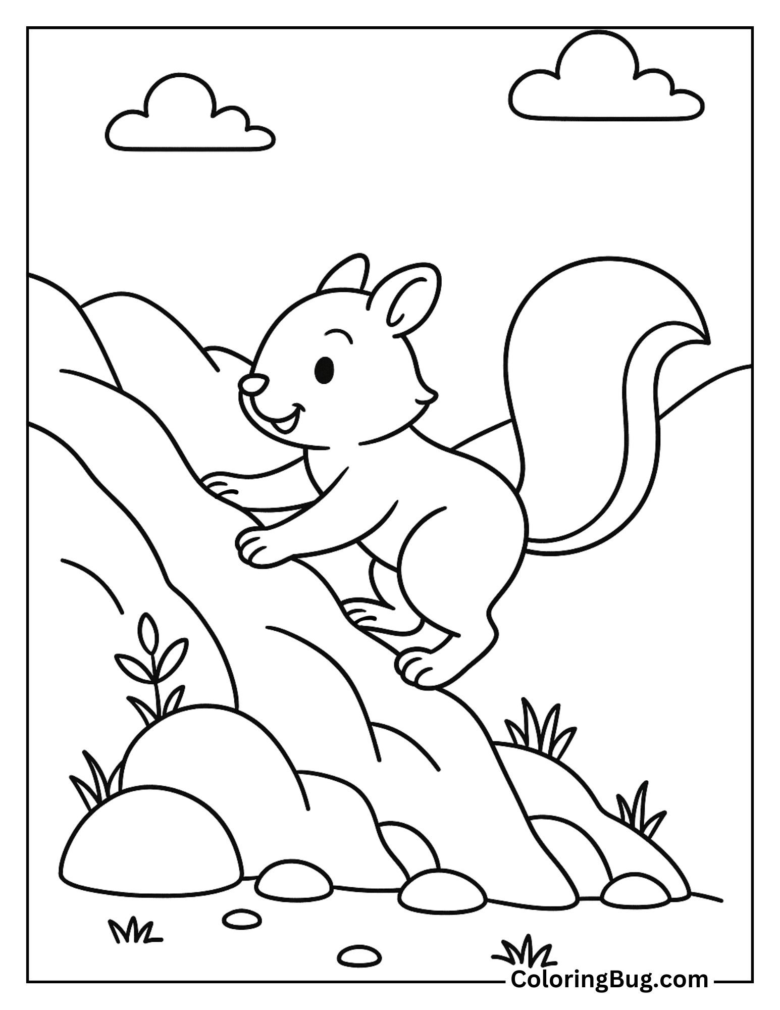 Squirrel Climbing a Rocky Hill Coloring Sheet