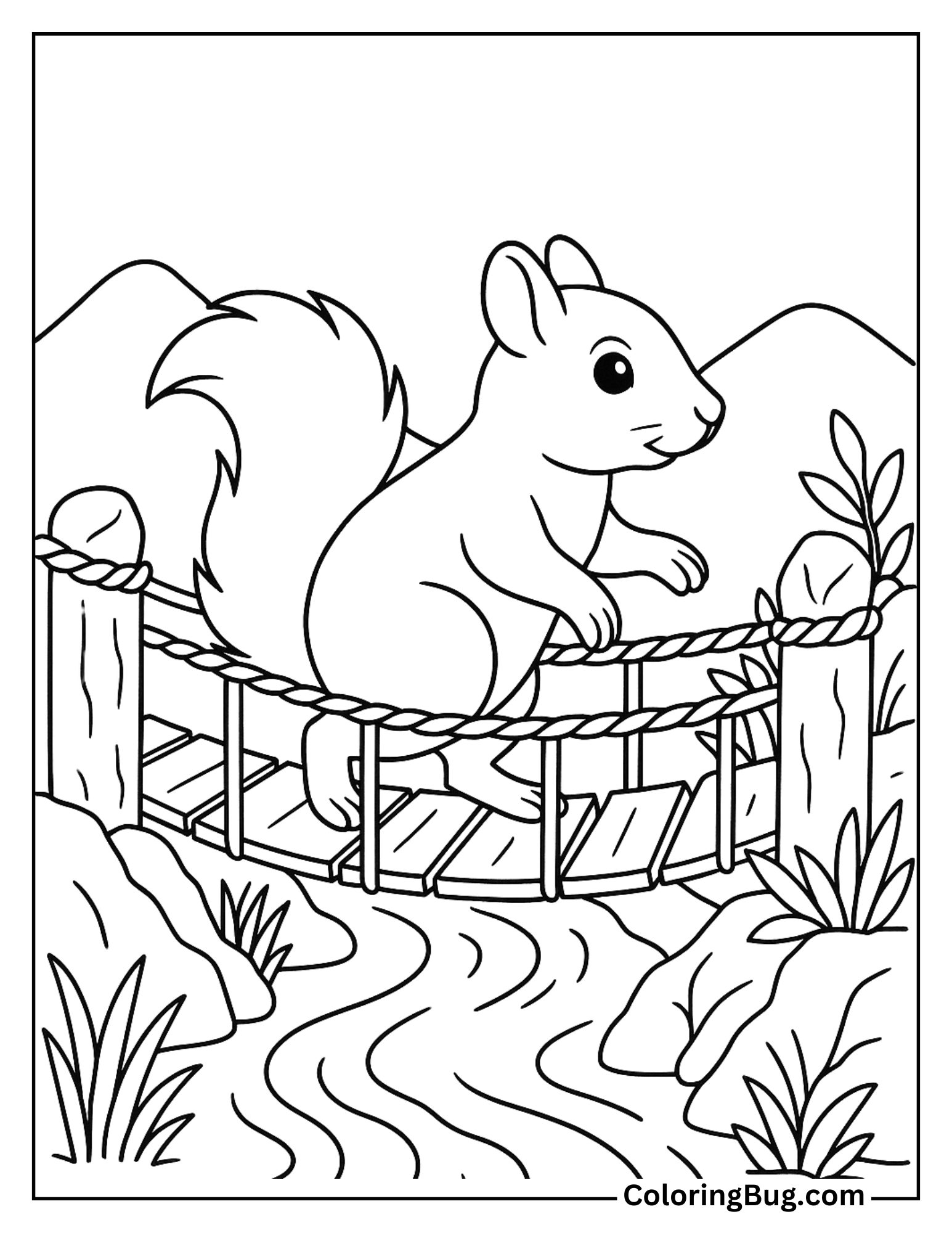 Squirrel Crossing a Small Rope Bridge Coloring Sheet