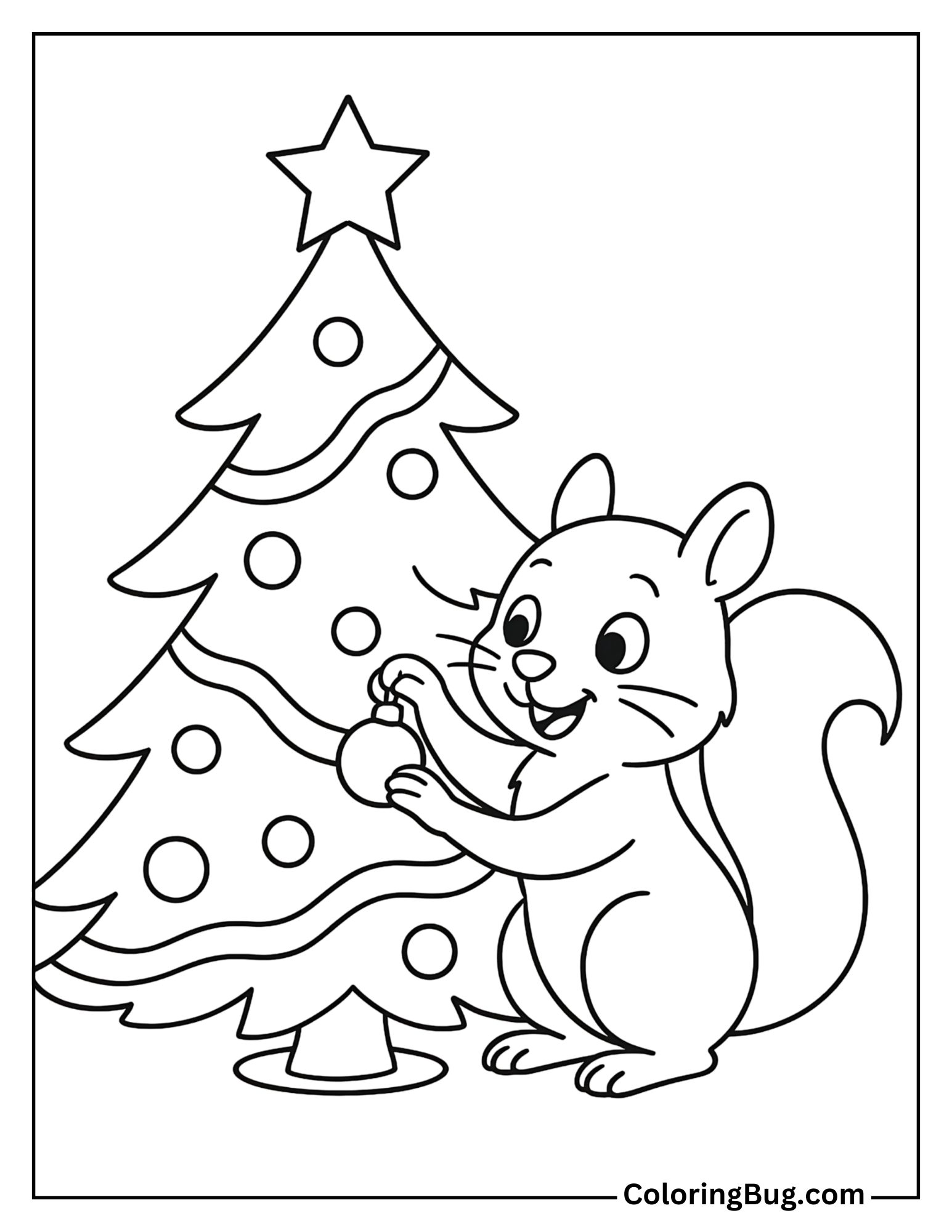 Squirrel Decorating a Christmas Tree Coloring Sheet