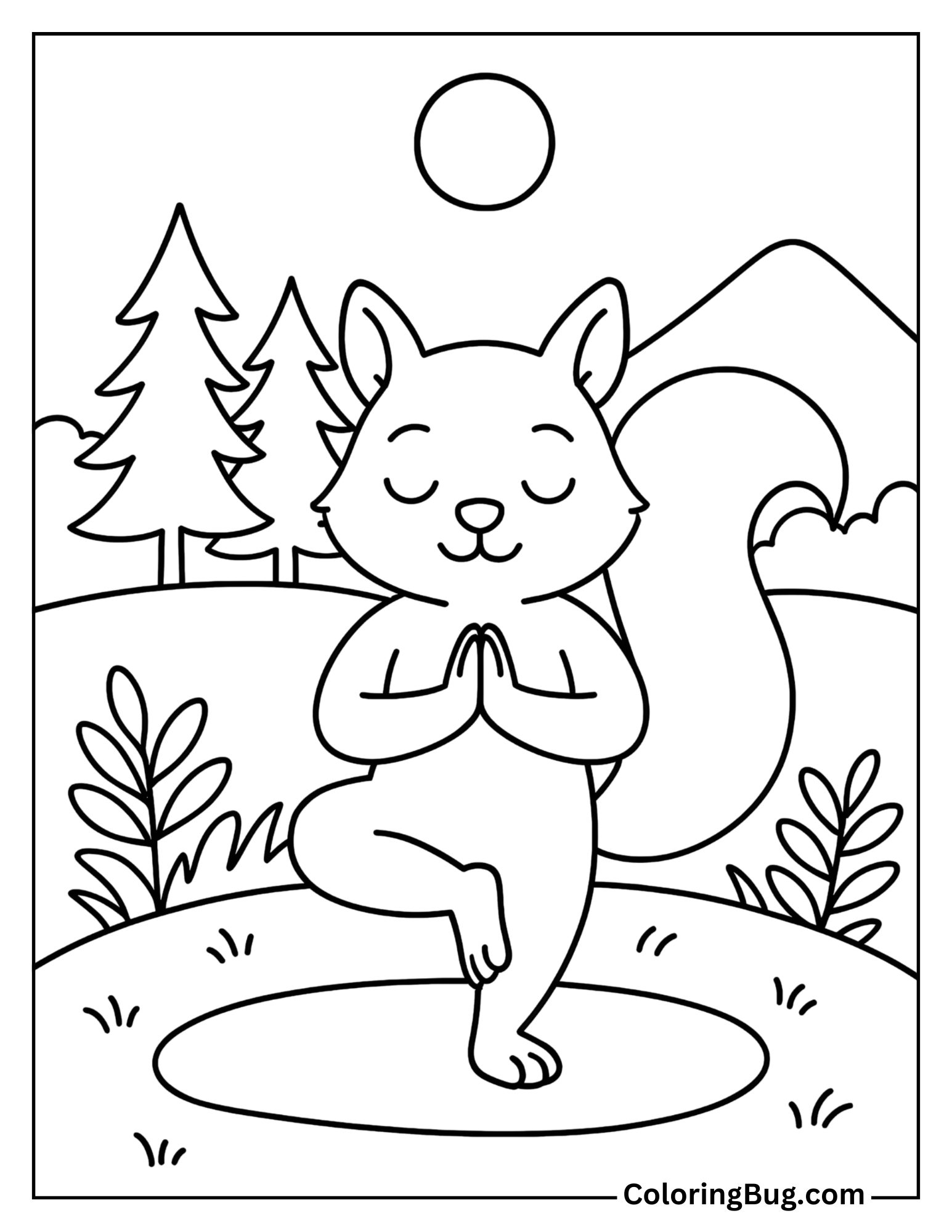 Squirrel Doing Yoga in Nature Coloring Sheet