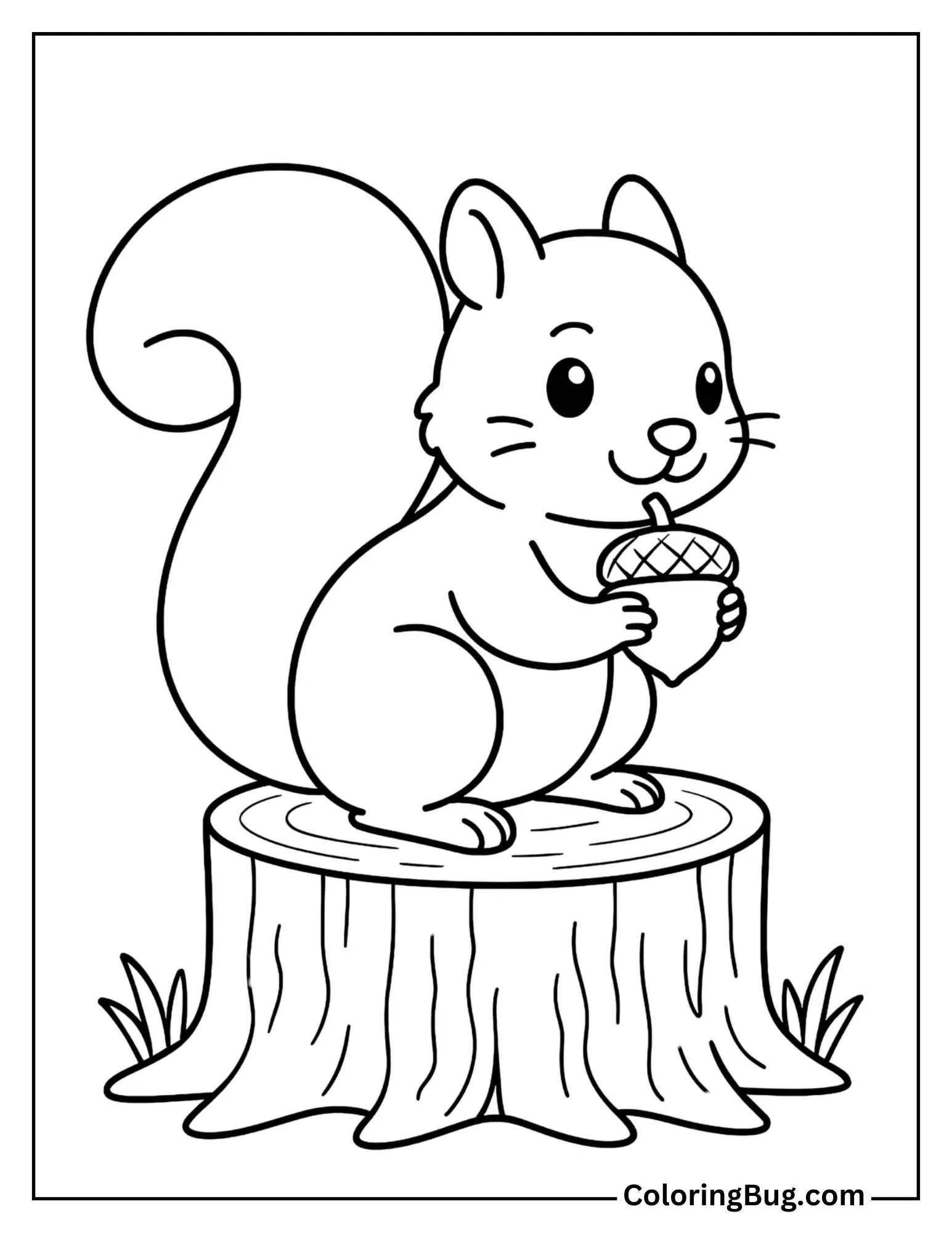Squirrel Eating an Acorn on a Tree Stump Coloring Sheet