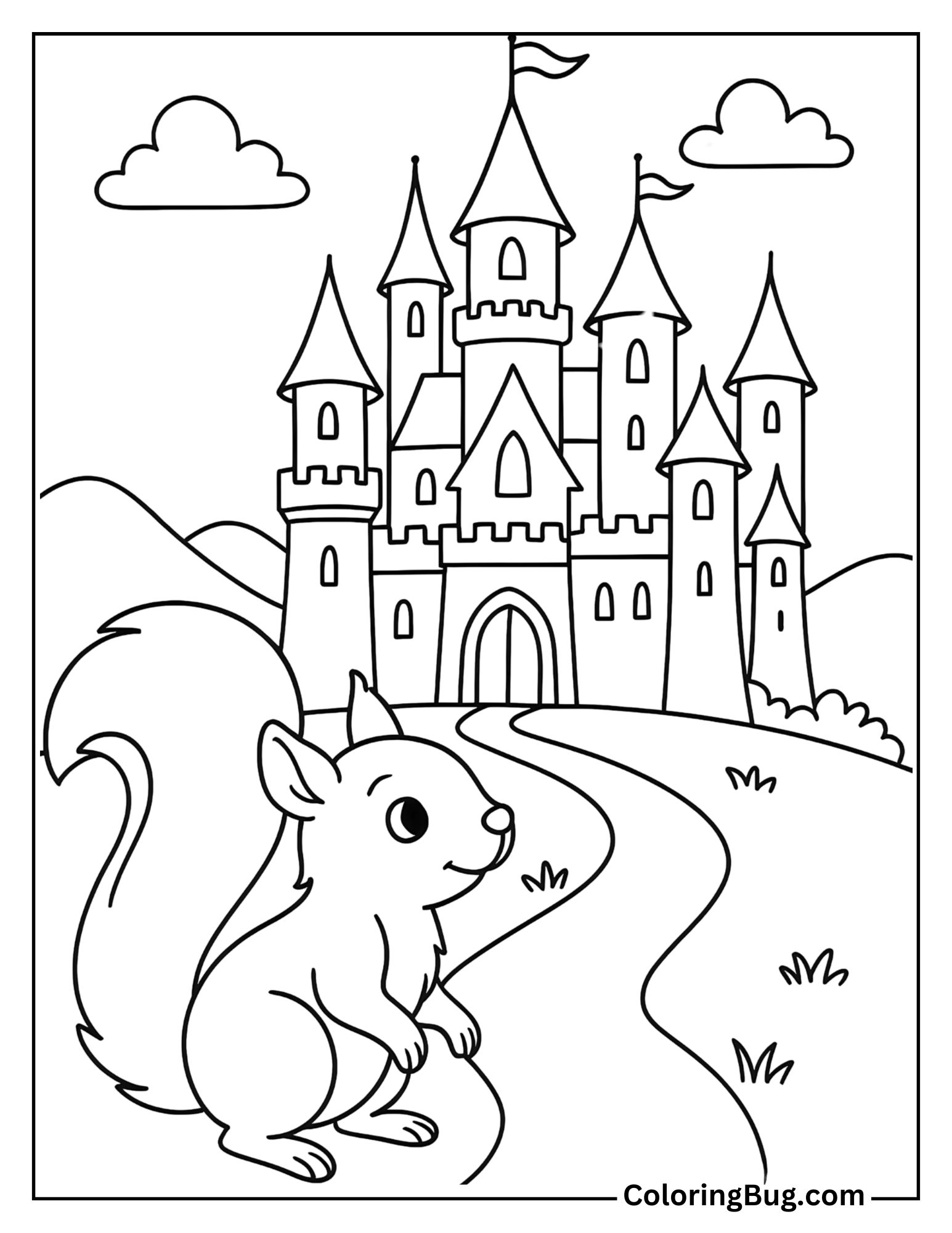 Squirrel Exploring a Fairy Tale Castle Coloring Sheet