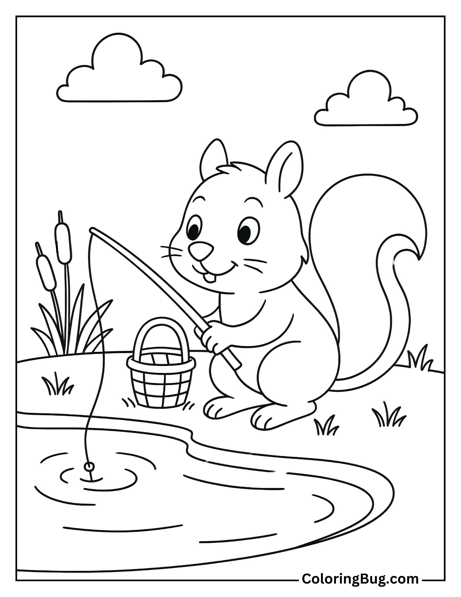Squirrel Fishing at a Pond Coloring Sheet