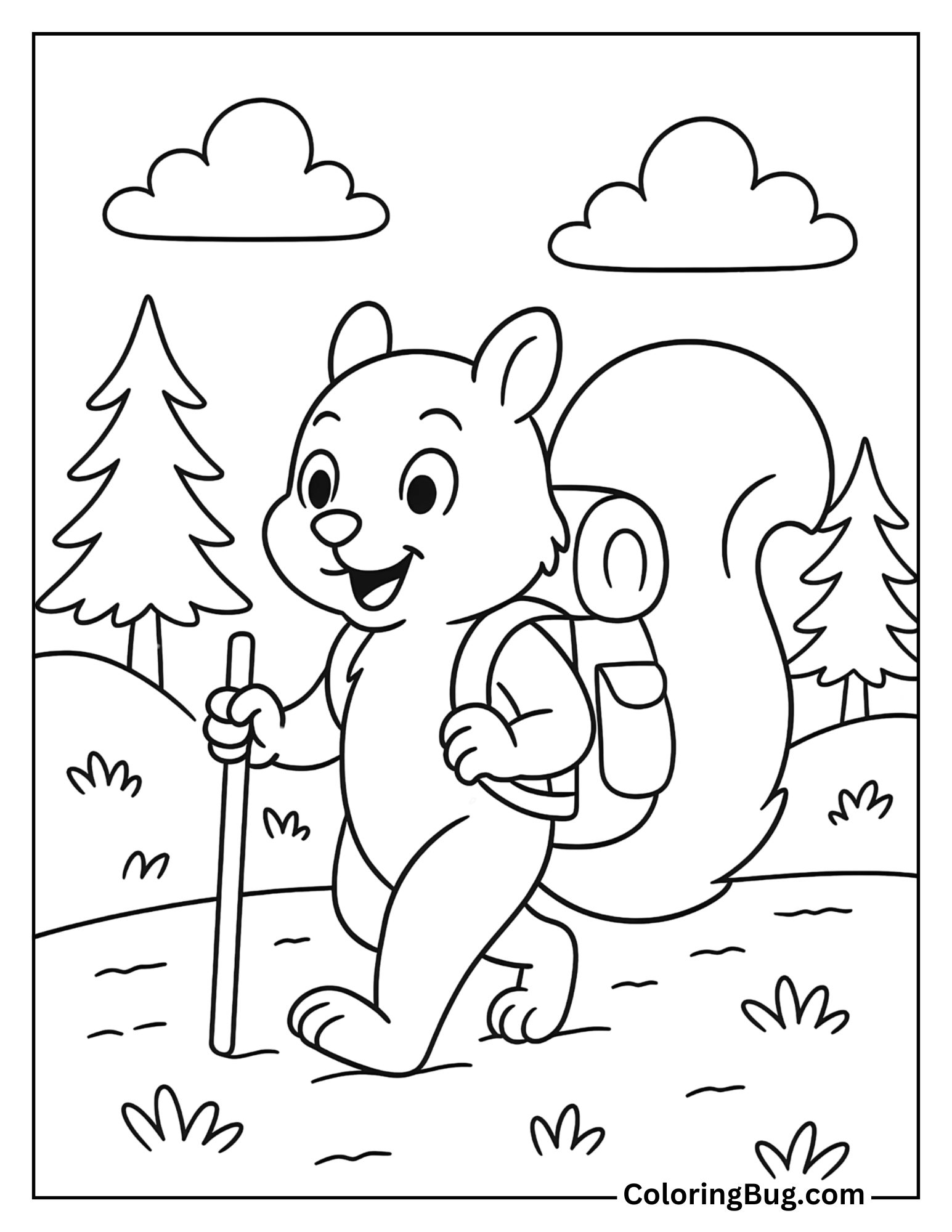 Squirrel Hiking with a Backpack Coloring Sheet