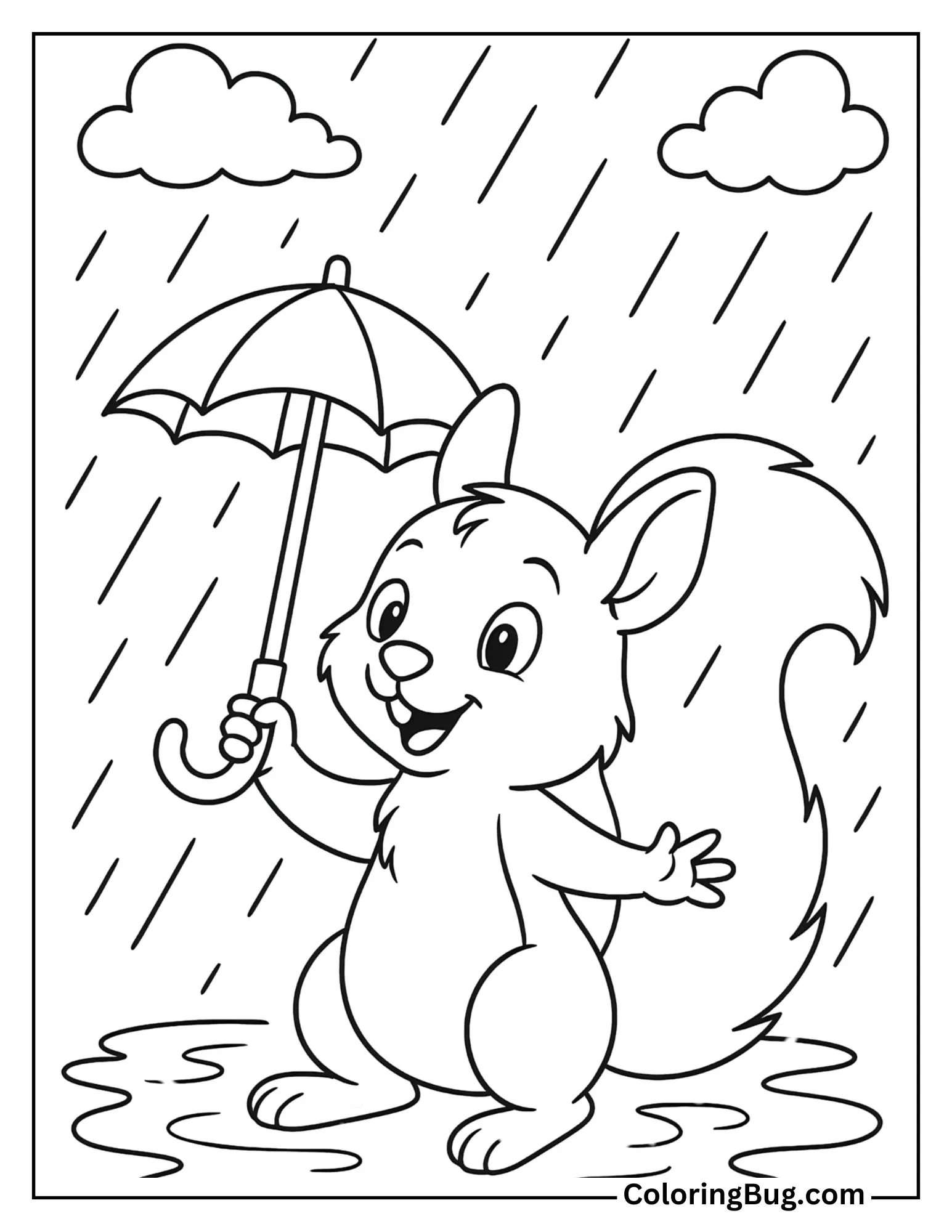 Squirrel Holding a Tiny Umbrella in Spring Rain Coloring Sheet