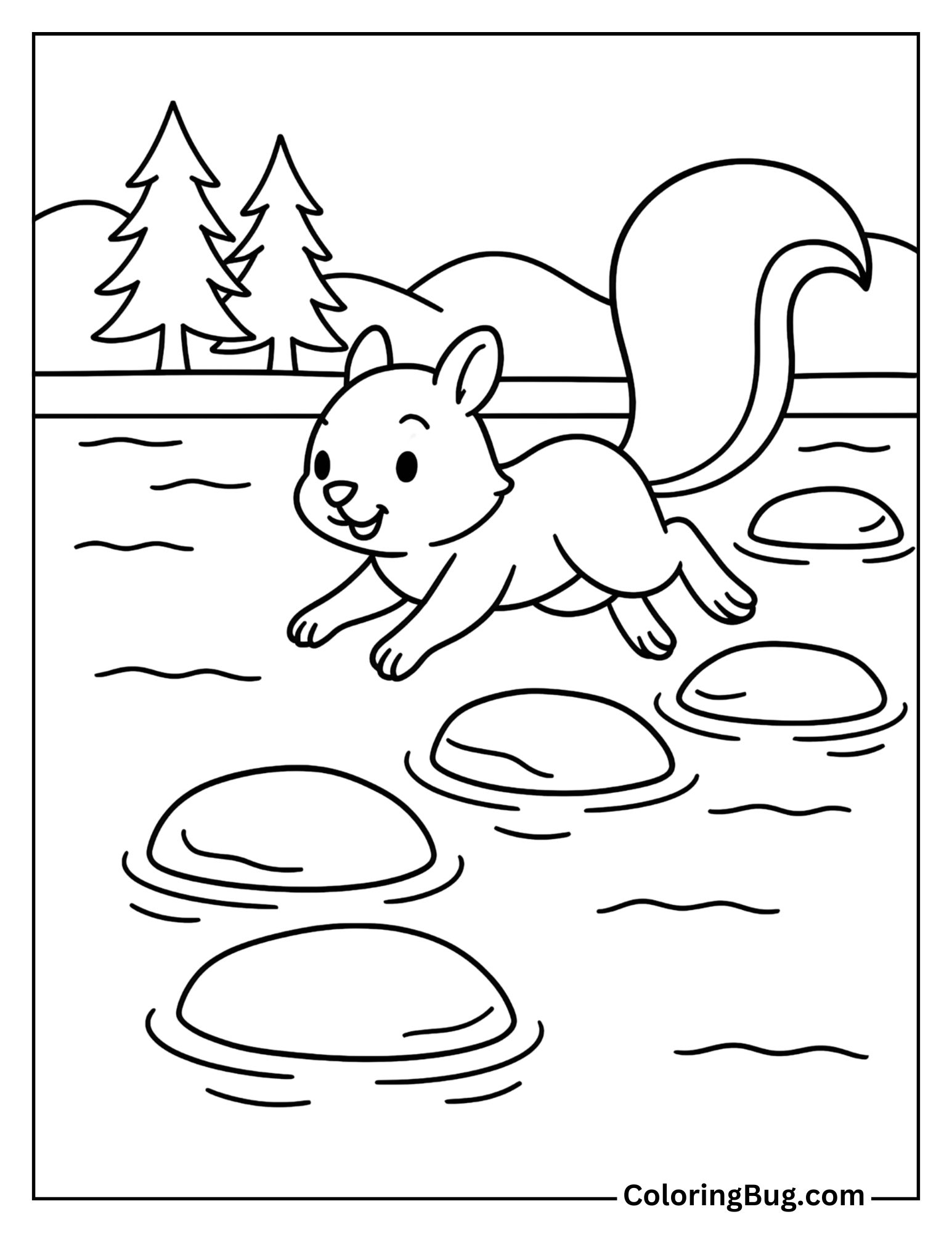 Squirrel Hopping Across Stepping Stones Coloring Sheet