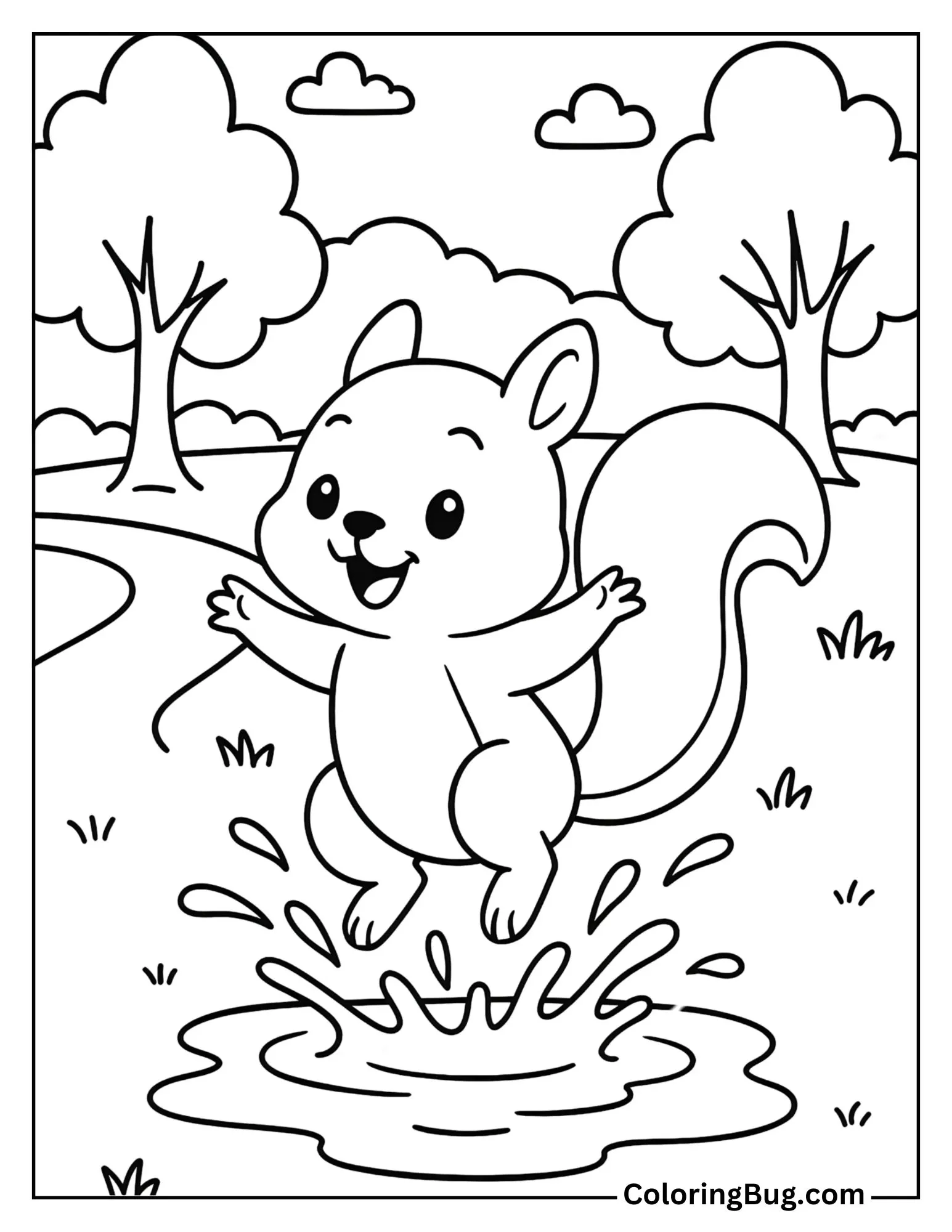 Squirrel Jumping in a Puddle Coloring Sheet