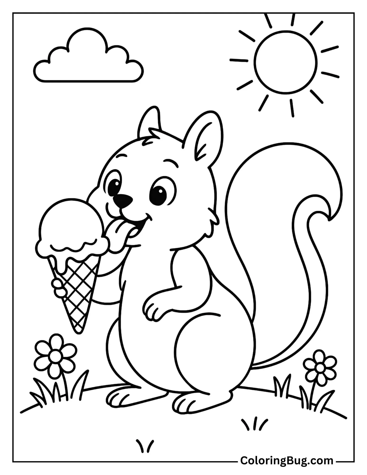 Squirrel Licking an Ice Cream Cone in Summer Coloring Sheet