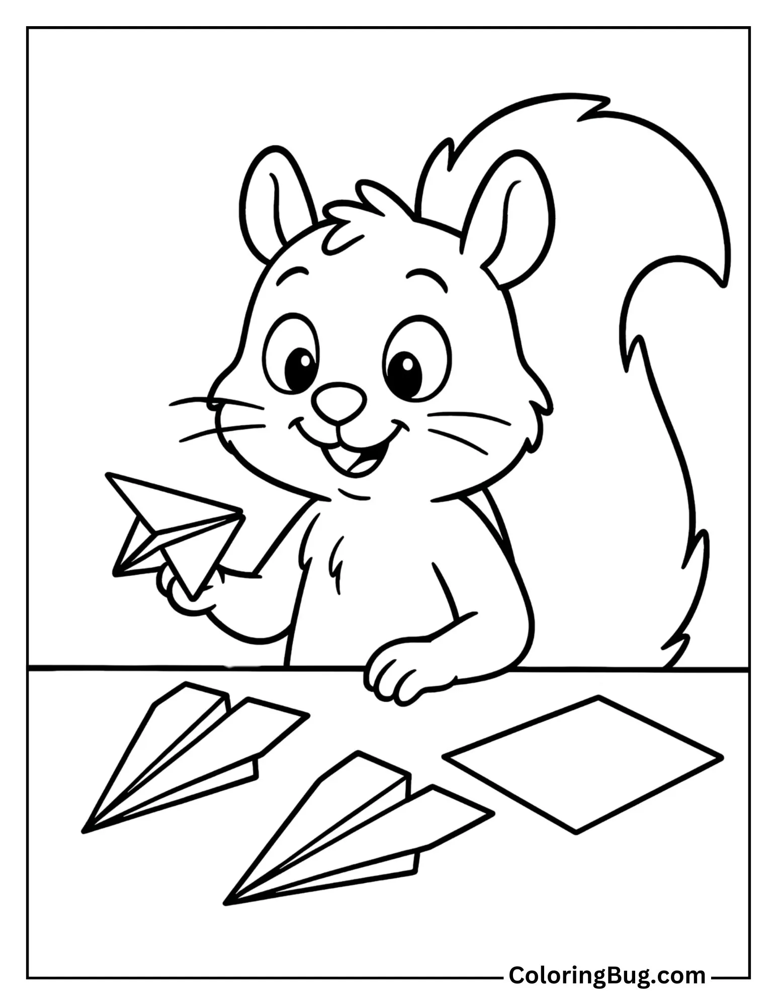 Squirrel Making Paper Airplanes Coloring Sheet
