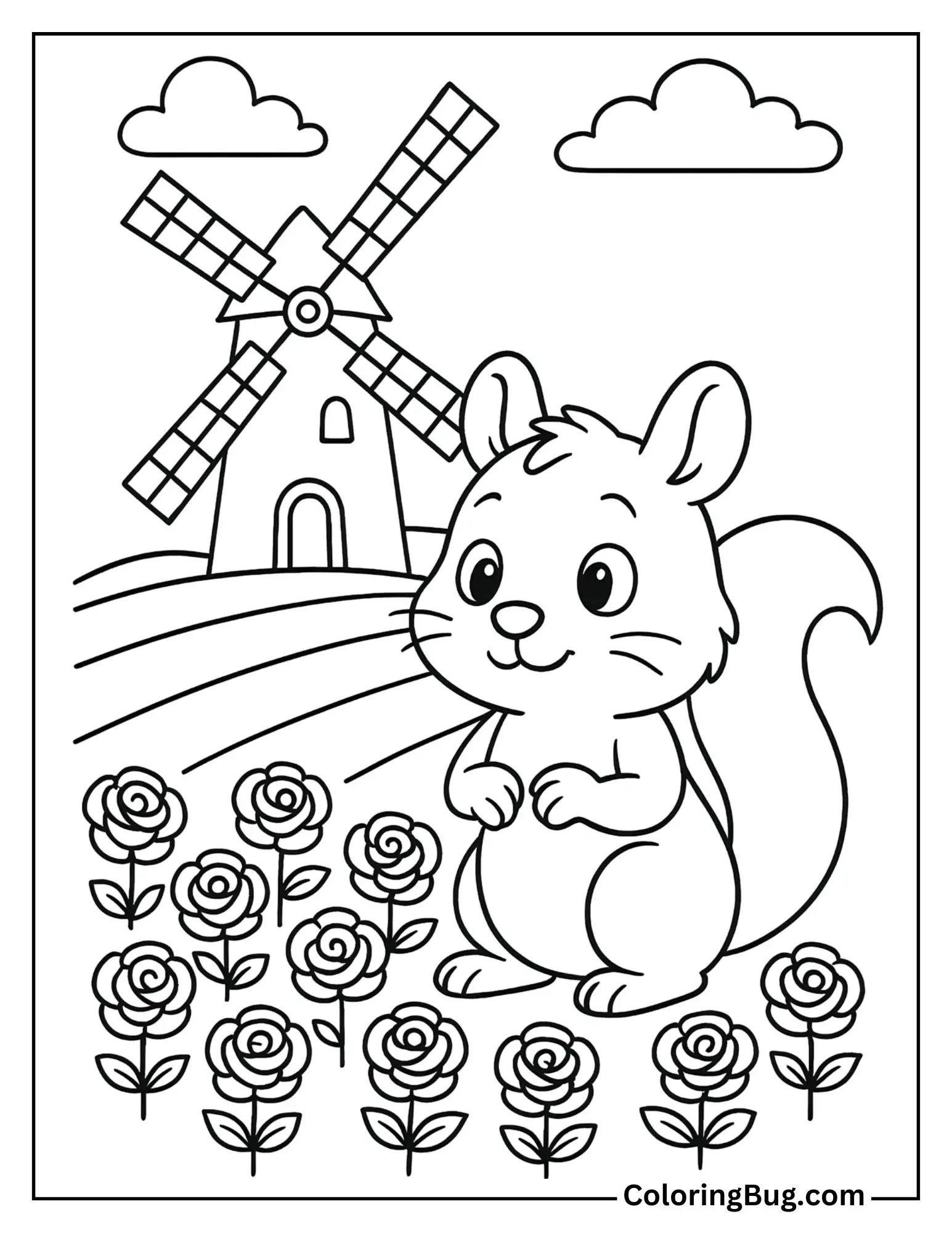 Squirrel Near a Windmill and Rose Field Coloring Sheet