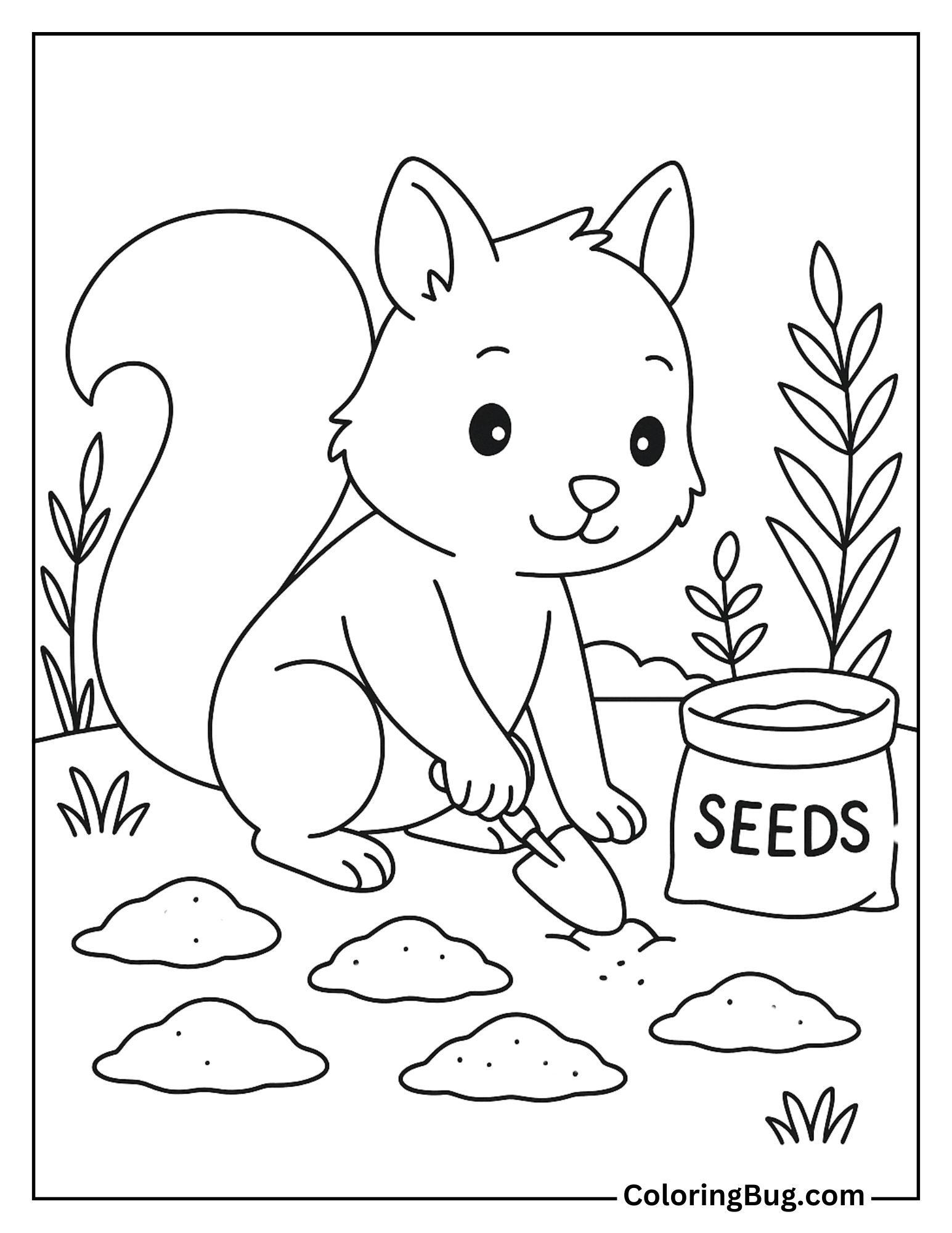 Squirrel Planting a Seed in the Garden Coloring Sheet
