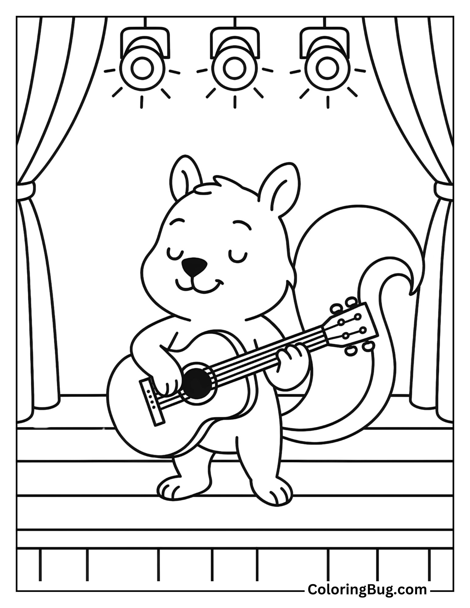 Squirrel Playing a Guitar on Stage Coloring Sheet