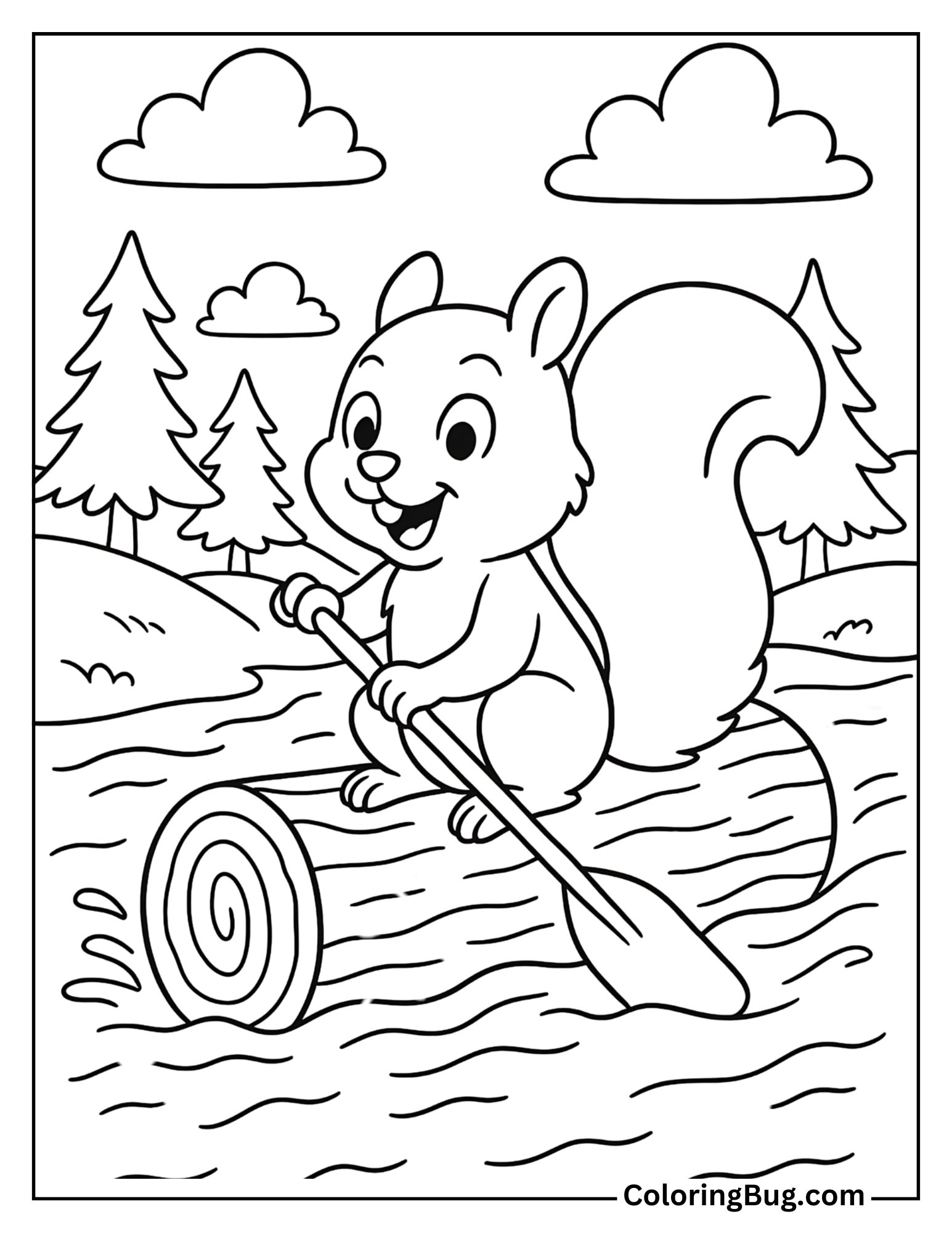 Squirrel Rafting Down a Stream on a Log Coloring Sheet