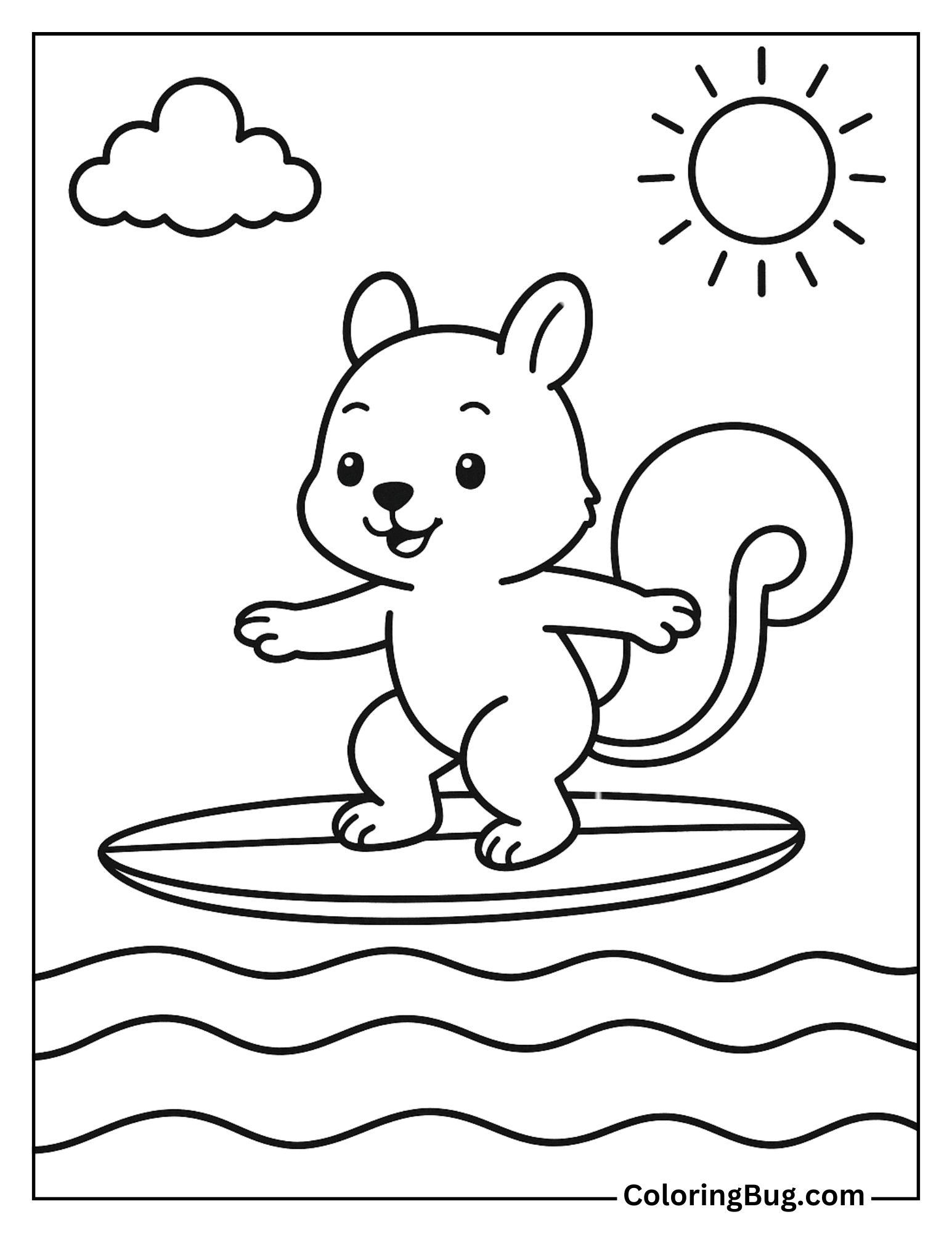 Squirrel Riding a Surfboard Coloring Sheet