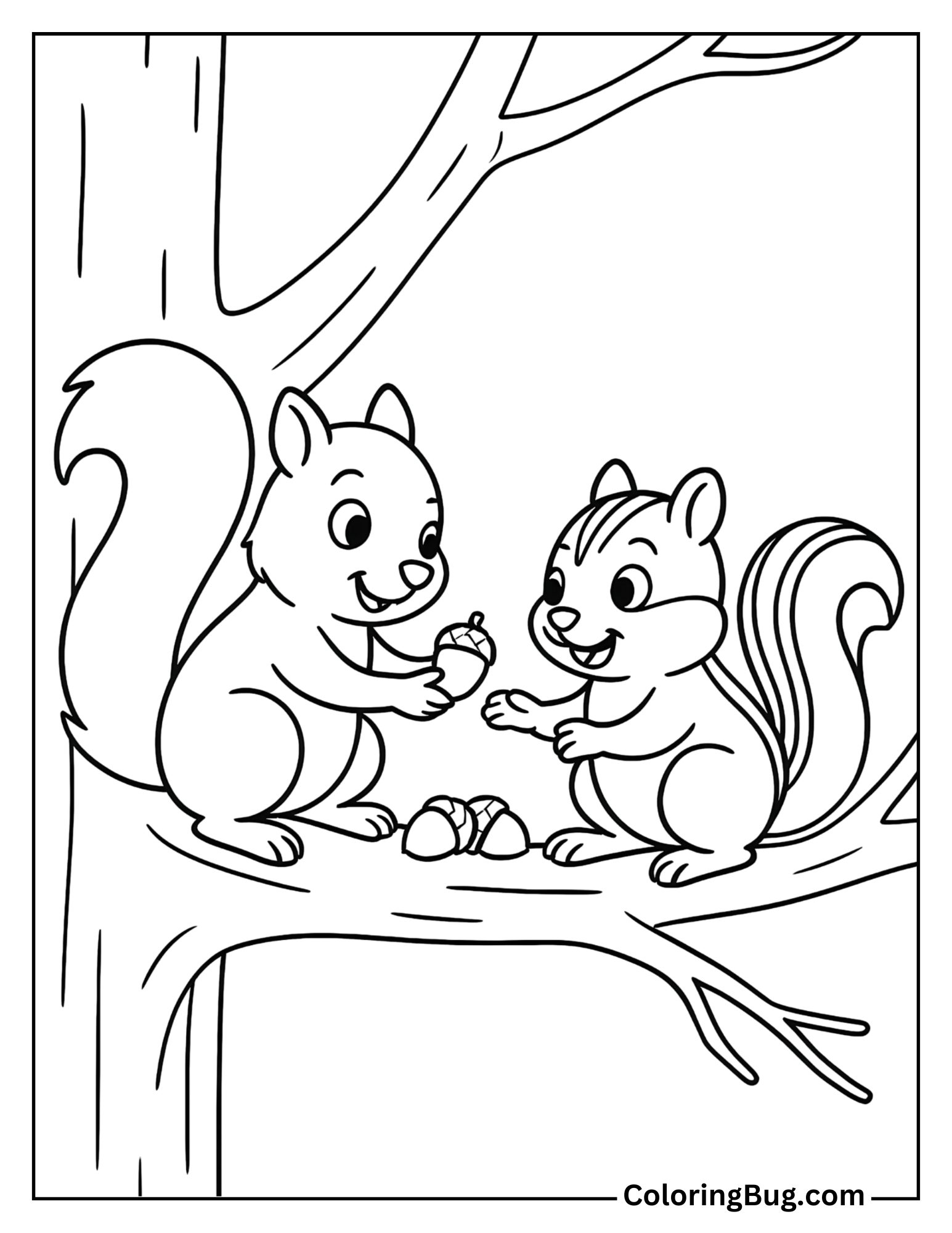 Squirrel Sharing Nuts with a Chipmunk Coloring Sheet