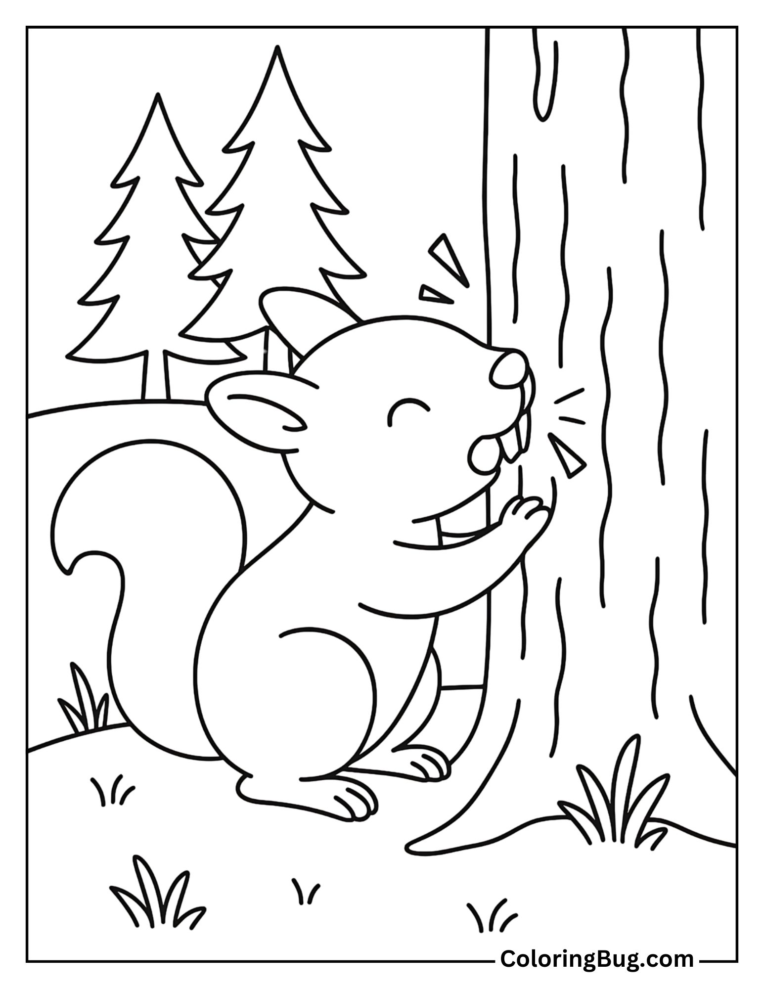 Squirrel Sharpening its Teeth on Bark Coloring Sheet