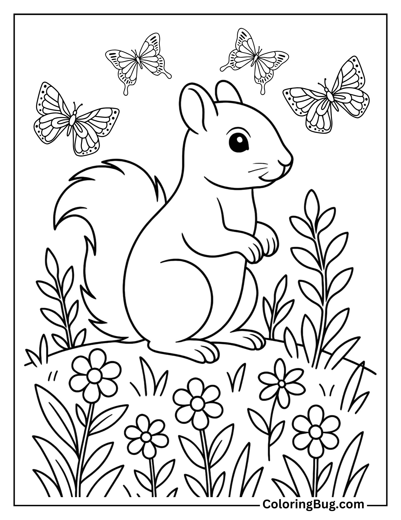 Squirrel Surrounded by Butterflies Coloring Sheet