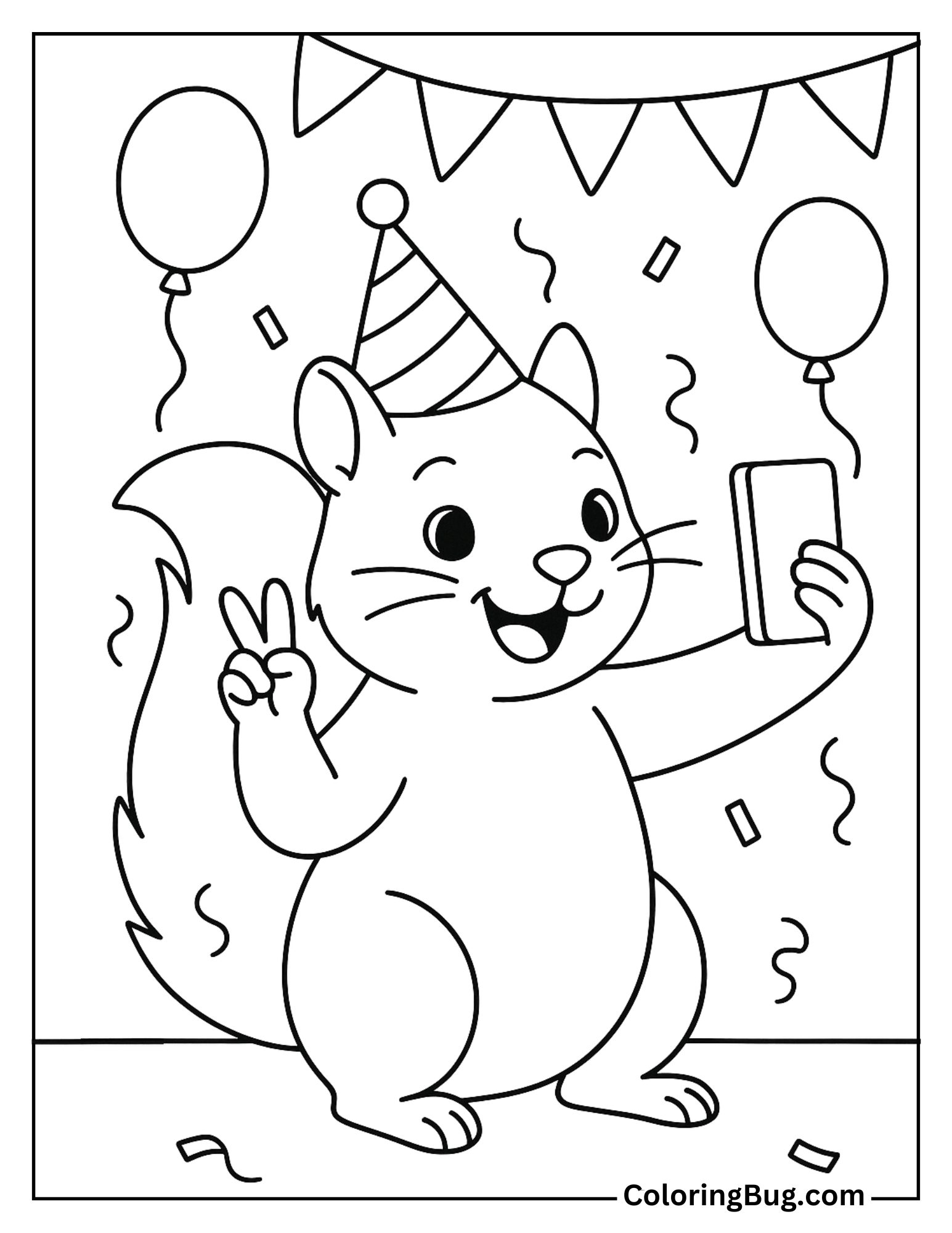 Squirrel Taking a Selfie on Party Coloring Sheet