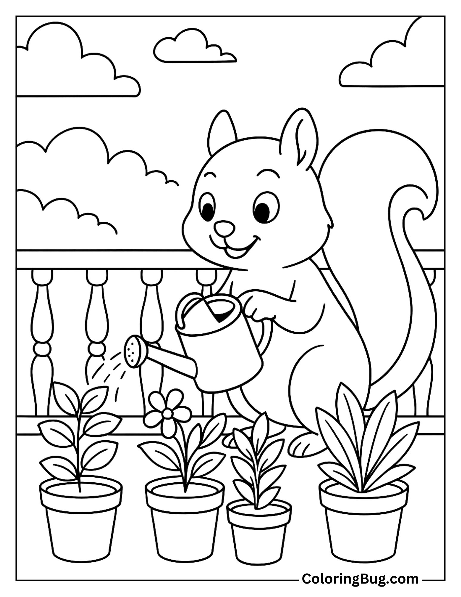 Squirrel Watering Potted Plants on a Balcony Coloring Sheet