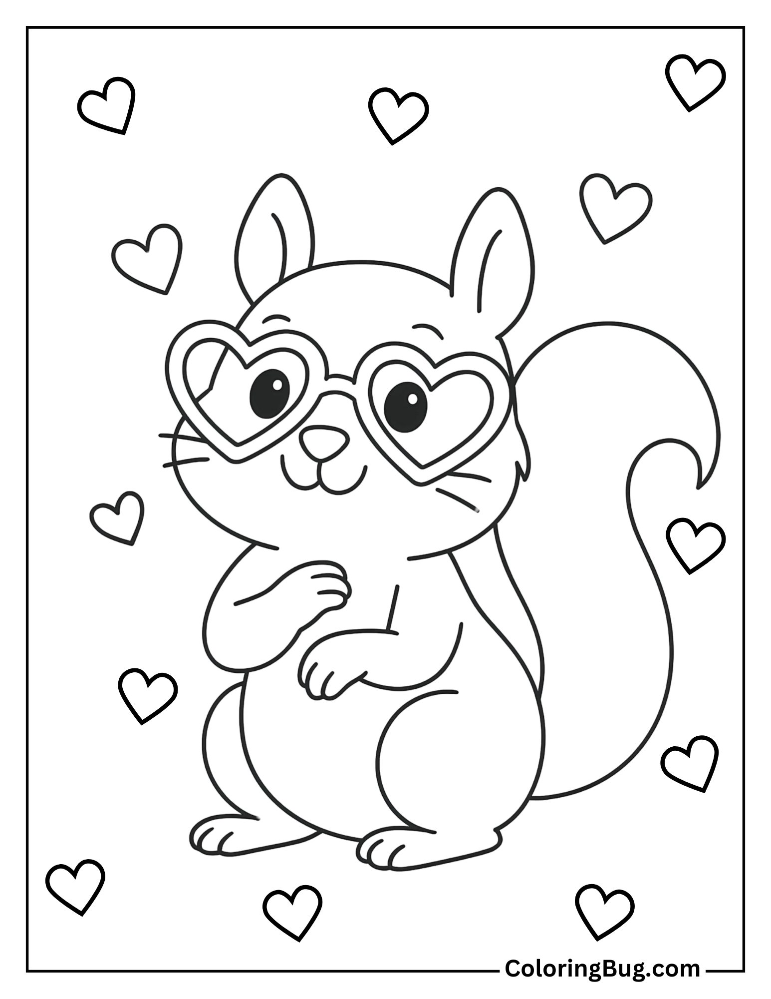 Squirrel Wearing Heart-Shaped Glasses for Valentine’s Day Coloring Sheet