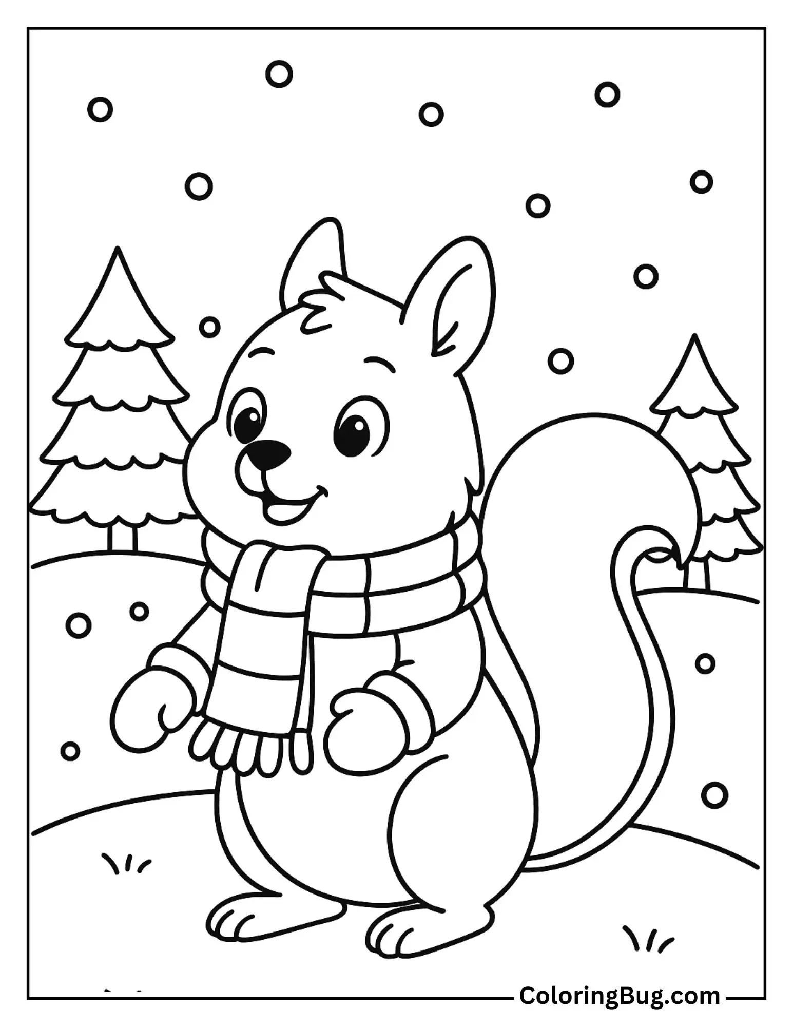 Squirrel Wearing a Scarf and Mittens Coloring Sheet