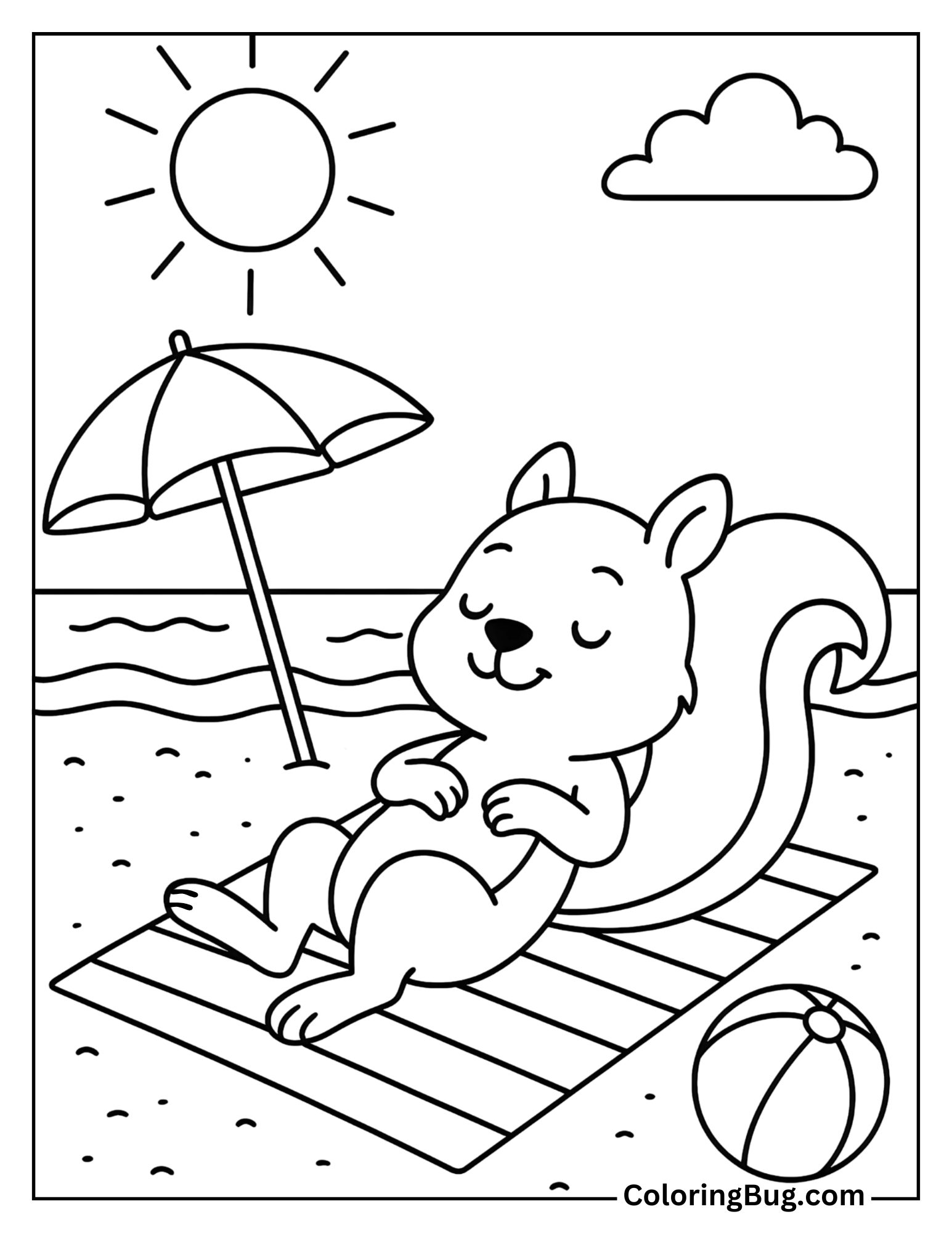 Squirrel at the Beach Relaxing on Beach Mat Coloring Sheet