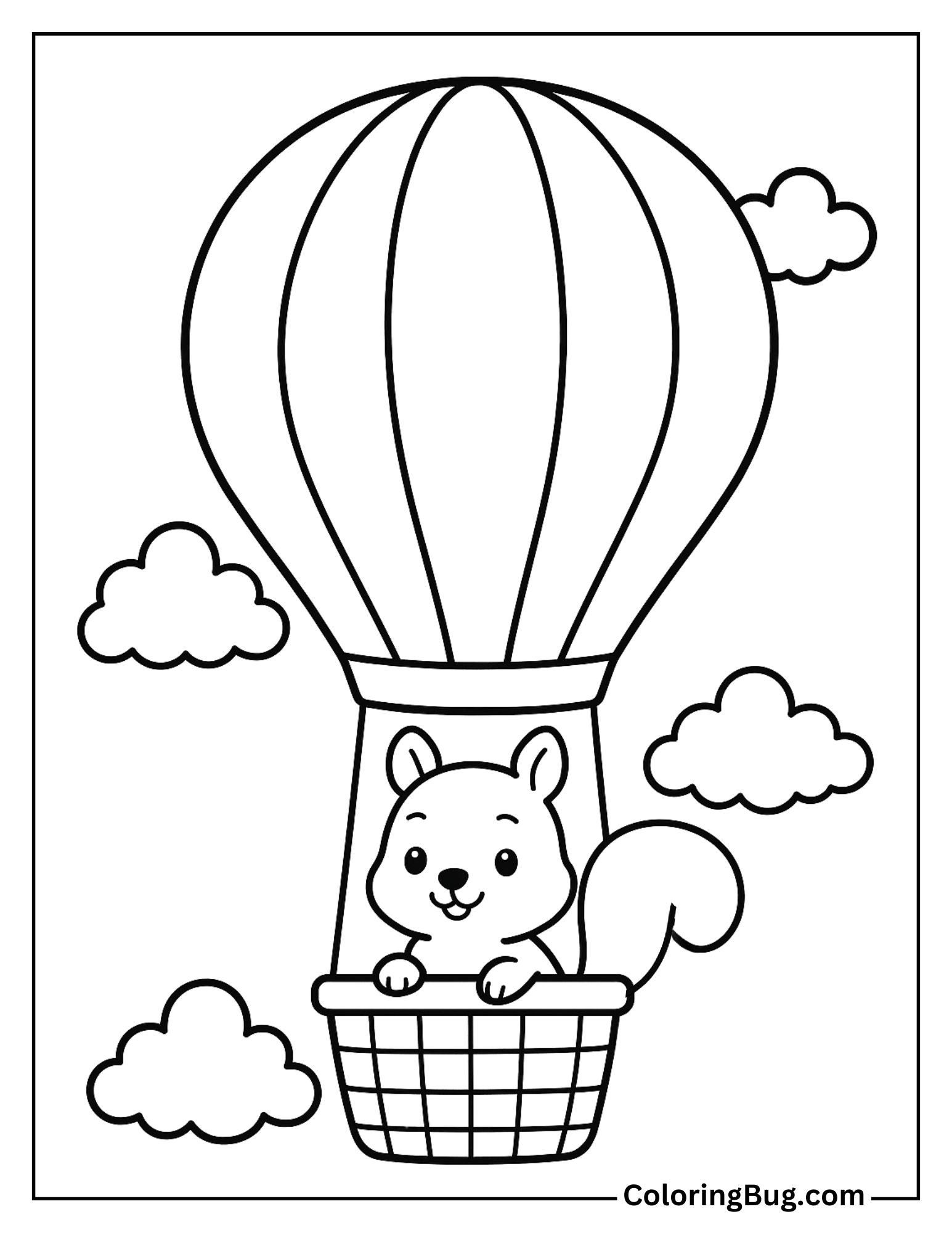 Squirrel in a Hot air Balloon Coloring Sheet
