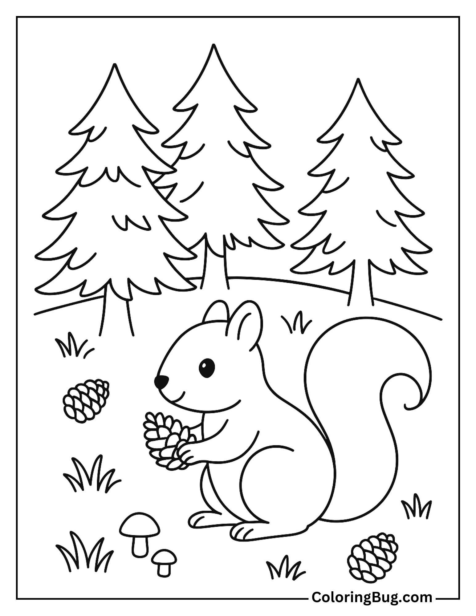 Squirrel in a Pine Forest Coloring Sheet