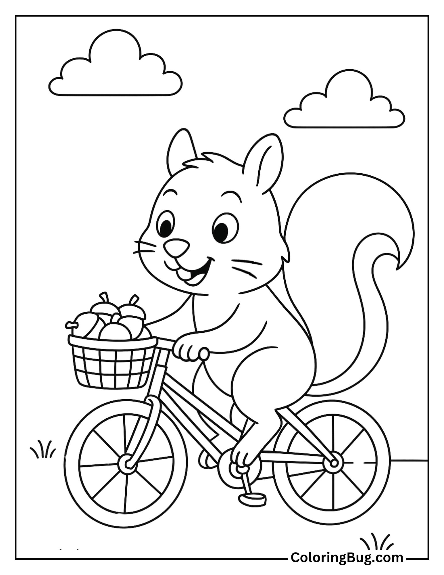 Squirrel on a Bicycle with a Basket of Nuts Coloring Sheet