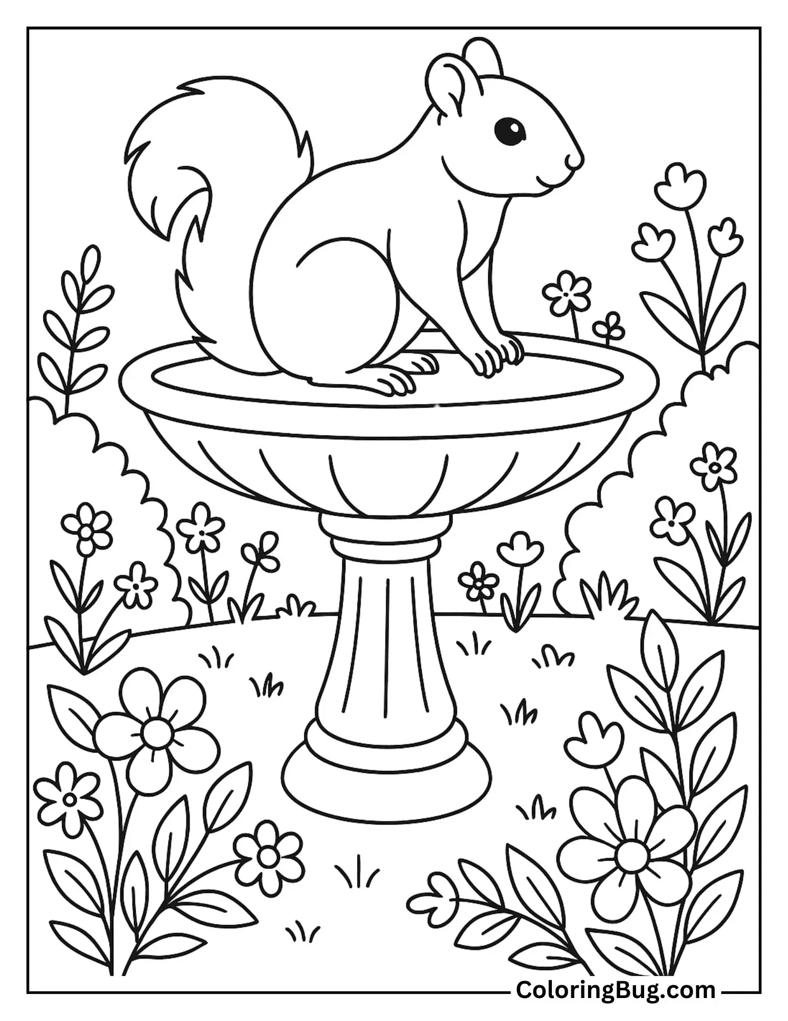 Squirrel on a Bird Bath Coloring Sheet