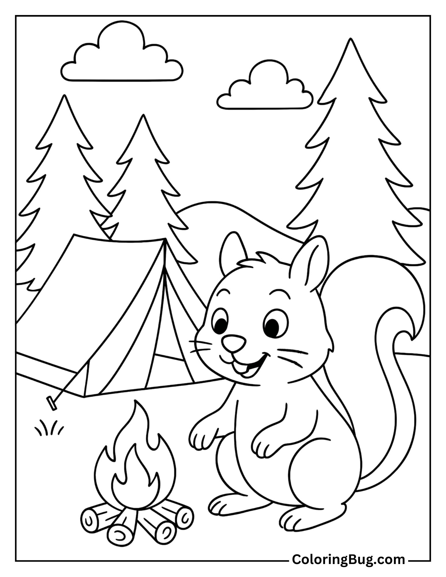 Squirrel on a Camping Trip with a Tent Coloring Sheet