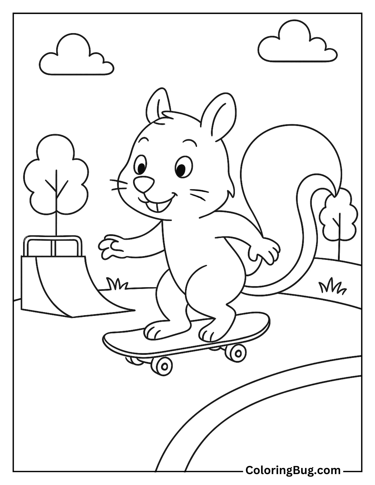 Squirrel on a Skateboard Coloring Sheet