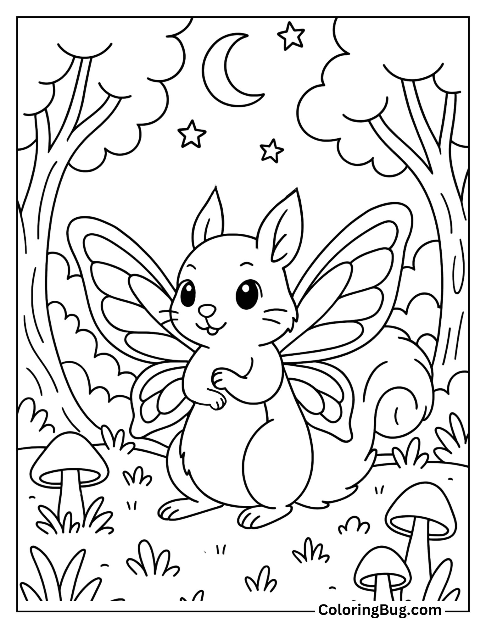 Squirrel with Fairy Wings in a Magical Forest Coloring Sheet