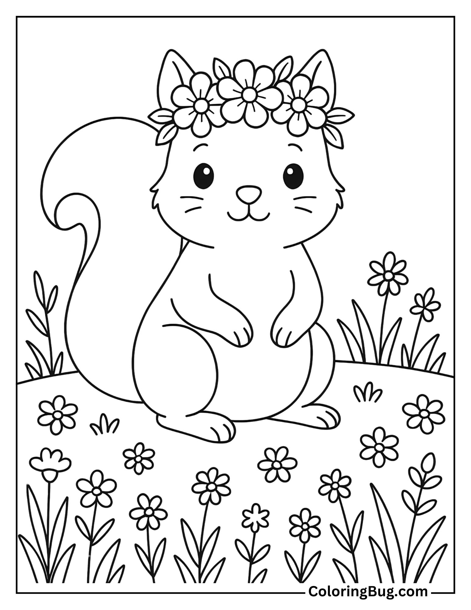 Squirrel with Flower Crown in a Meadow Coloring Sheet