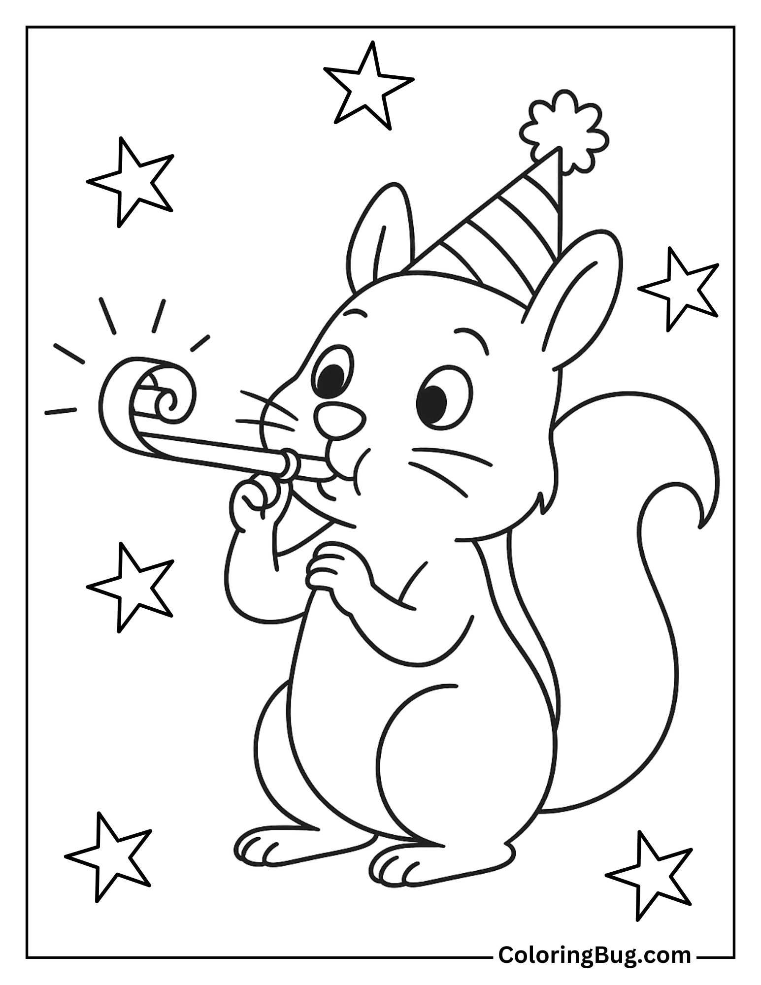 Squirrel with Party Hat Blowing a Horn Coloring Sheet