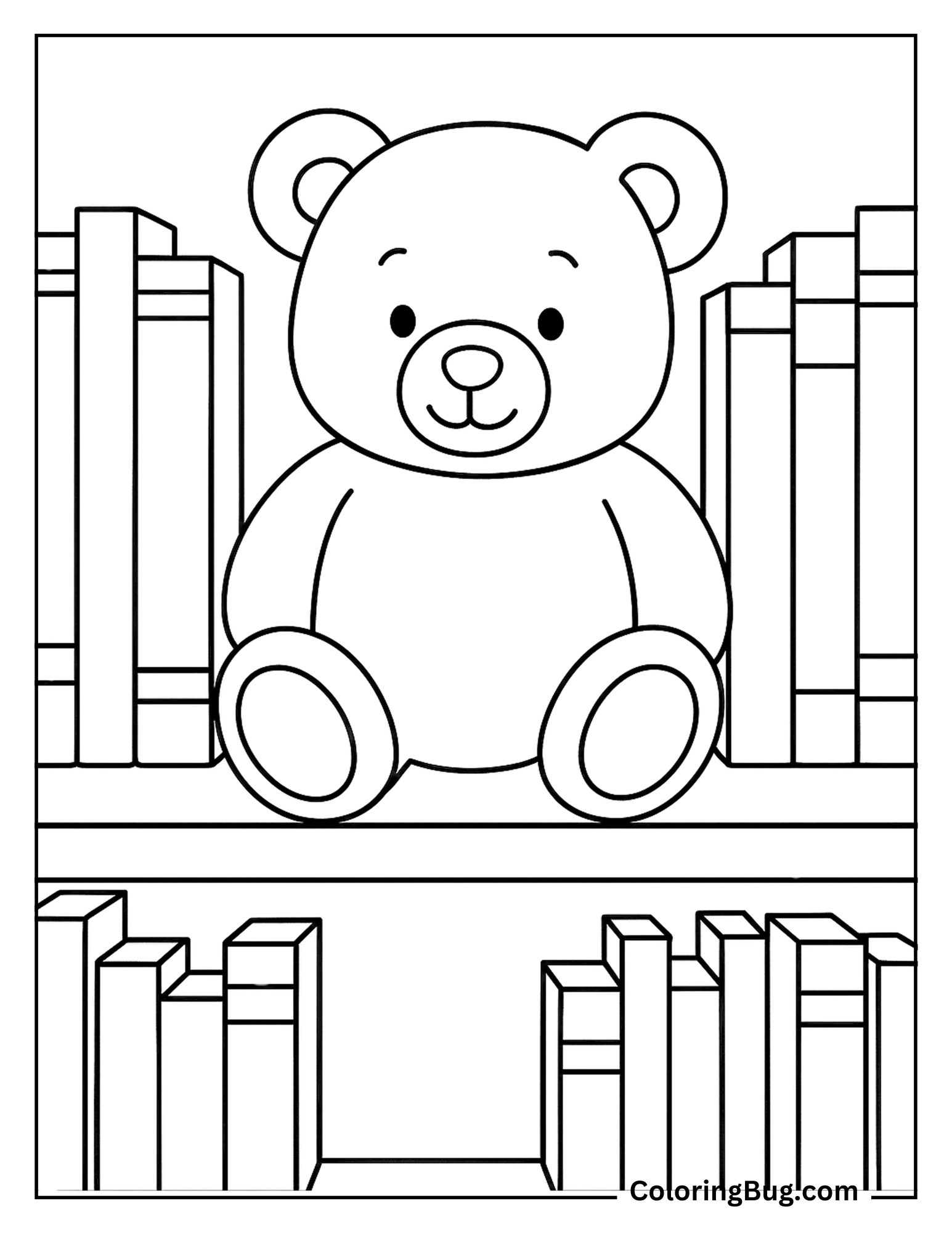 Stuffed Teddy Bear Placed on a Bookshelf With Storybooks Coloring Sheet
