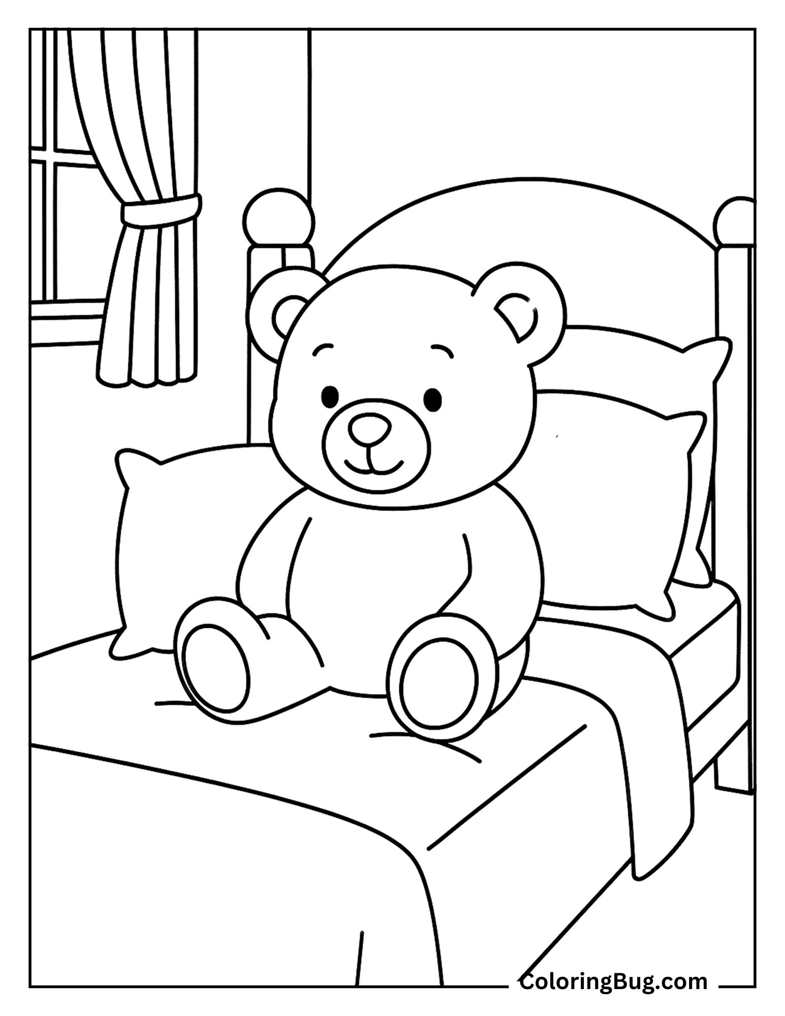 Stuffed Teddy Bear Sitting on a Child’s Bed With Pillows Coloring Sheet
