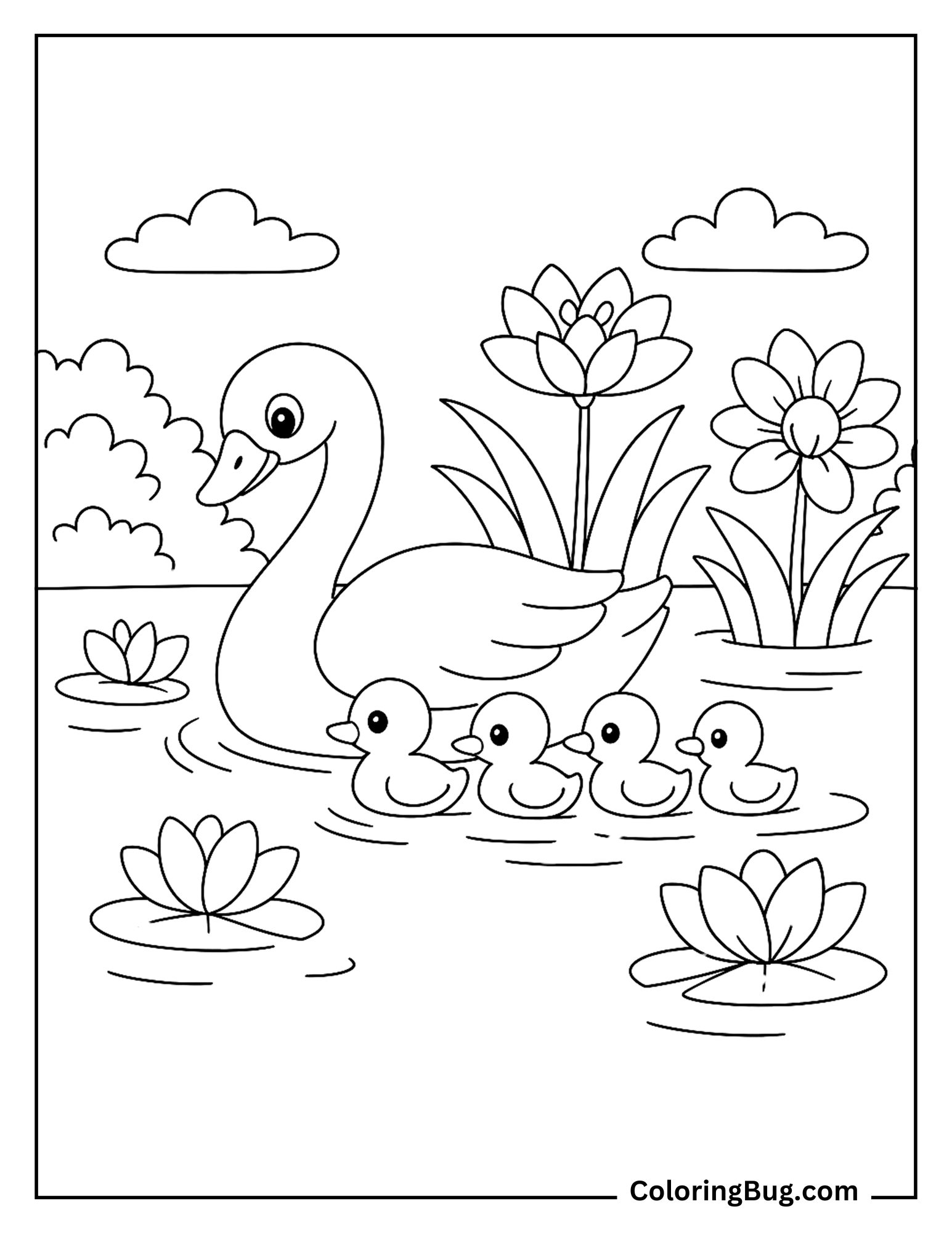 Swan Leading Its Babies Across the Water Coloring Sheet