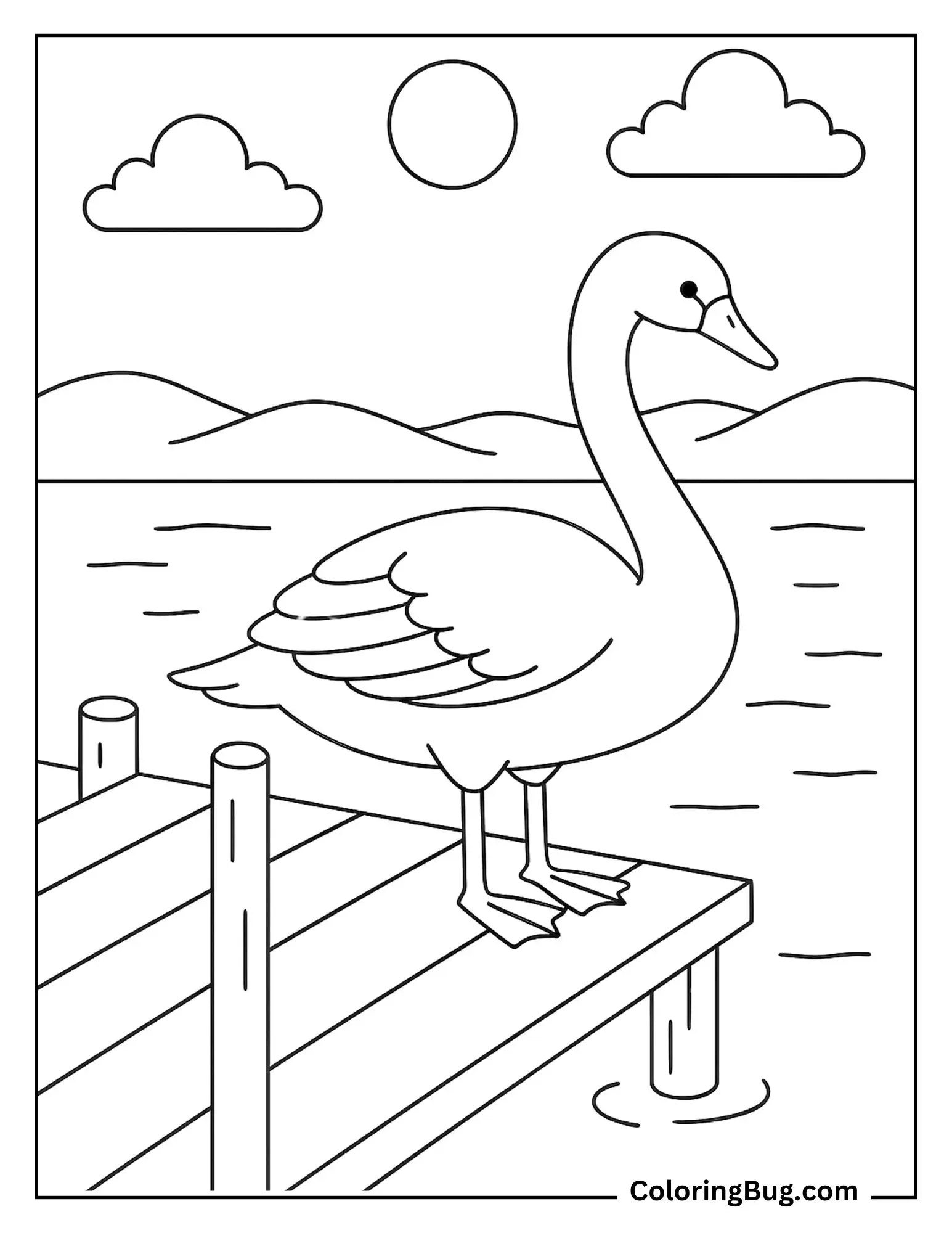 Swan Standing on Wooden Dock in Tranquil Bay Coloring Sheet