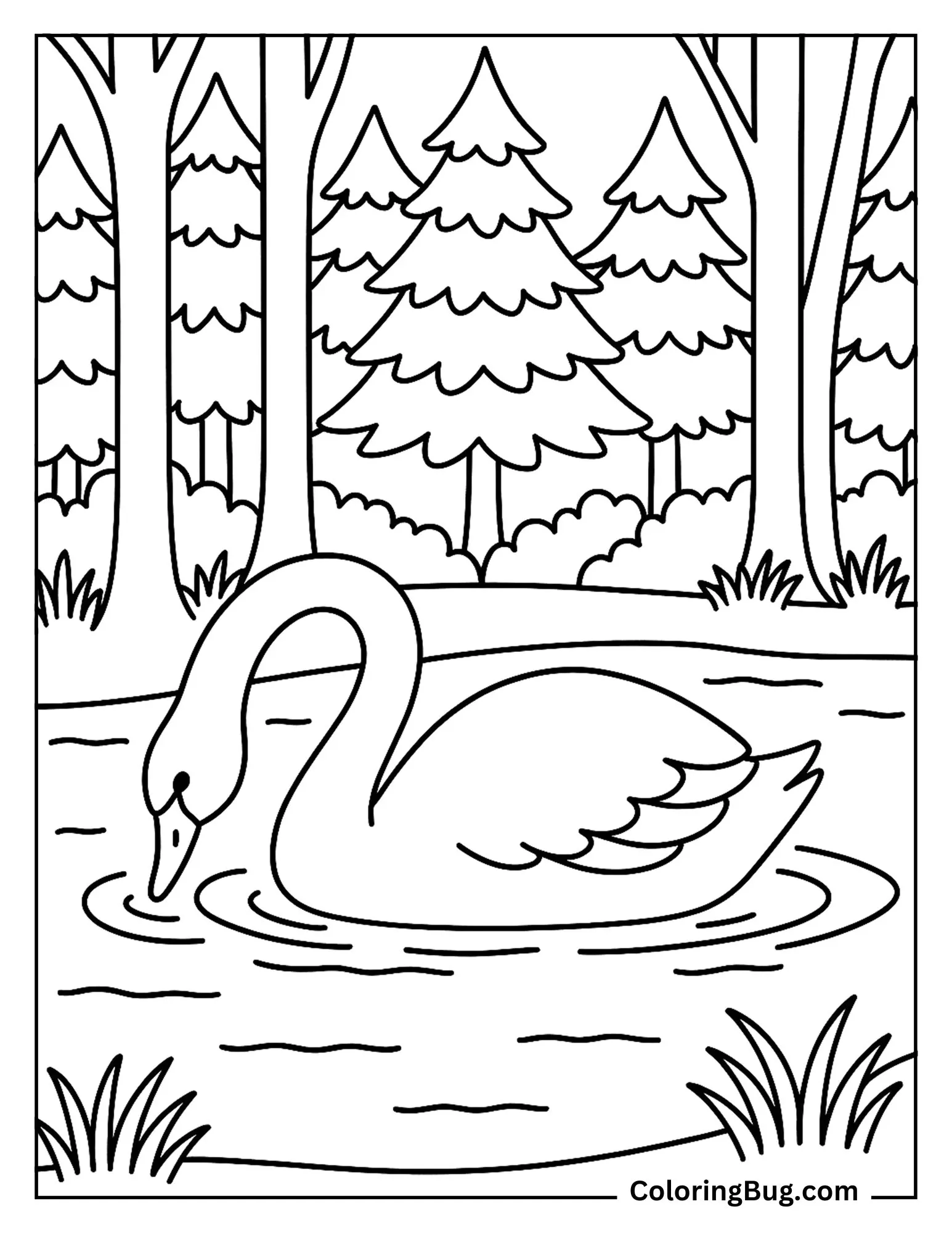 Swan Swimming in Forest River Coloring Sheet